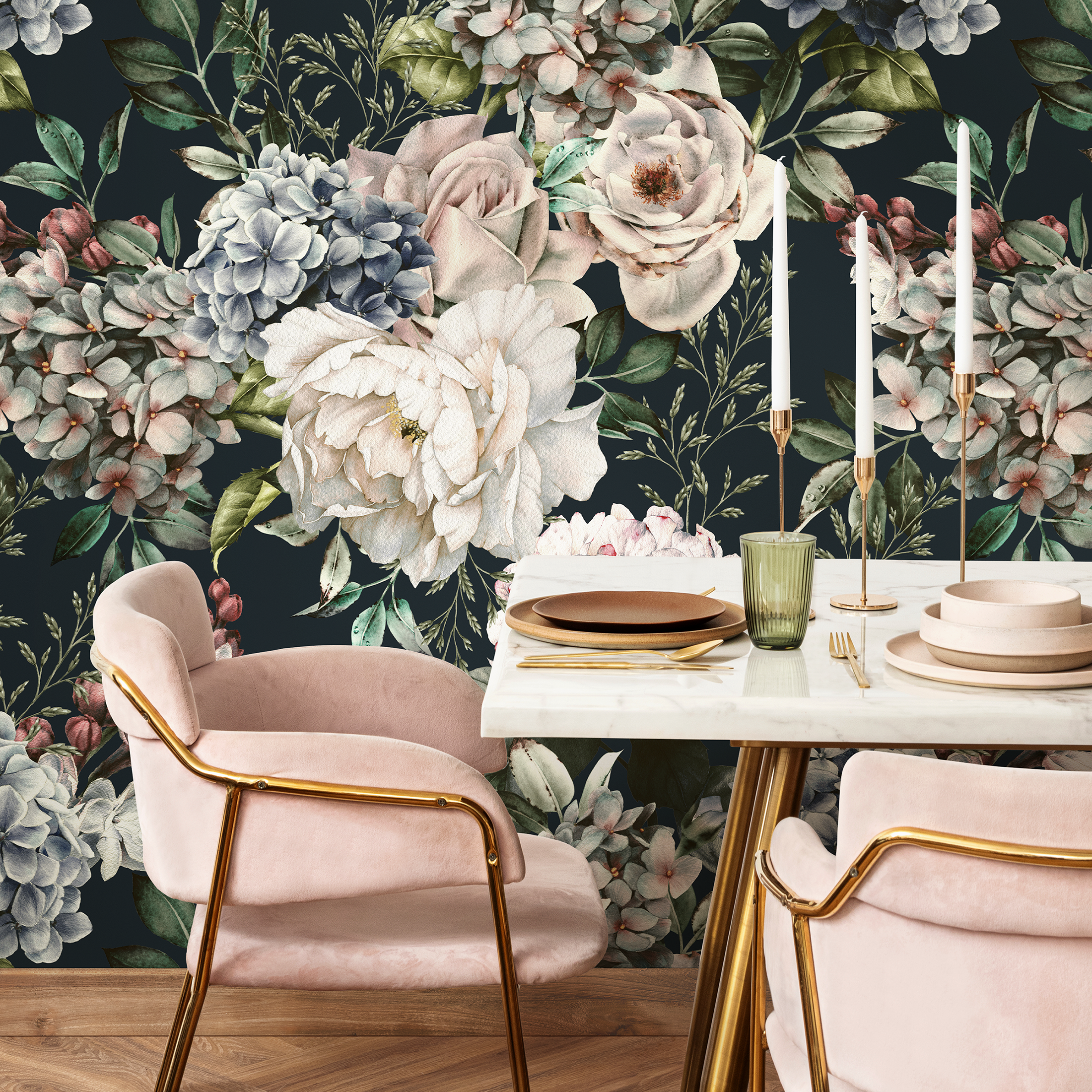 Floral Wallpaper With Vintage Roses And Hydrangeas In Pink And Blue - B231