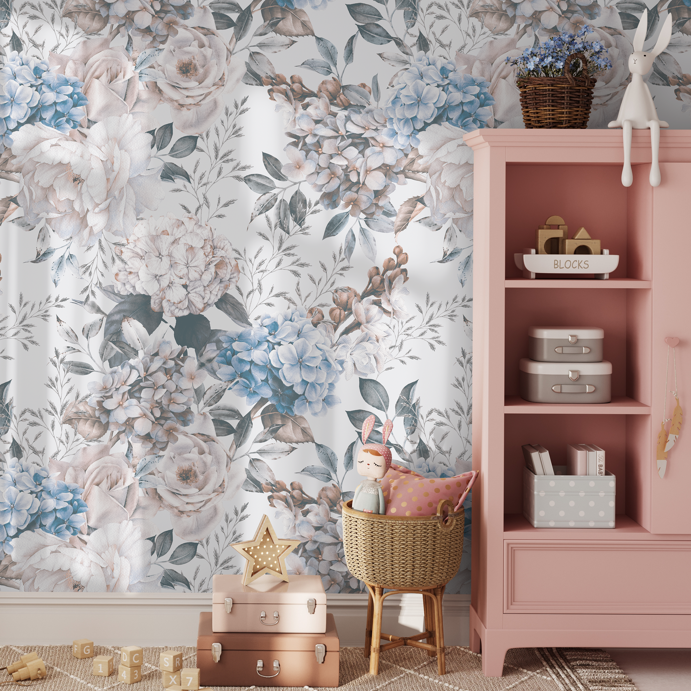 Vintage Floral Wallpaper With Peonies In Blue, Pink, And Gray - B232