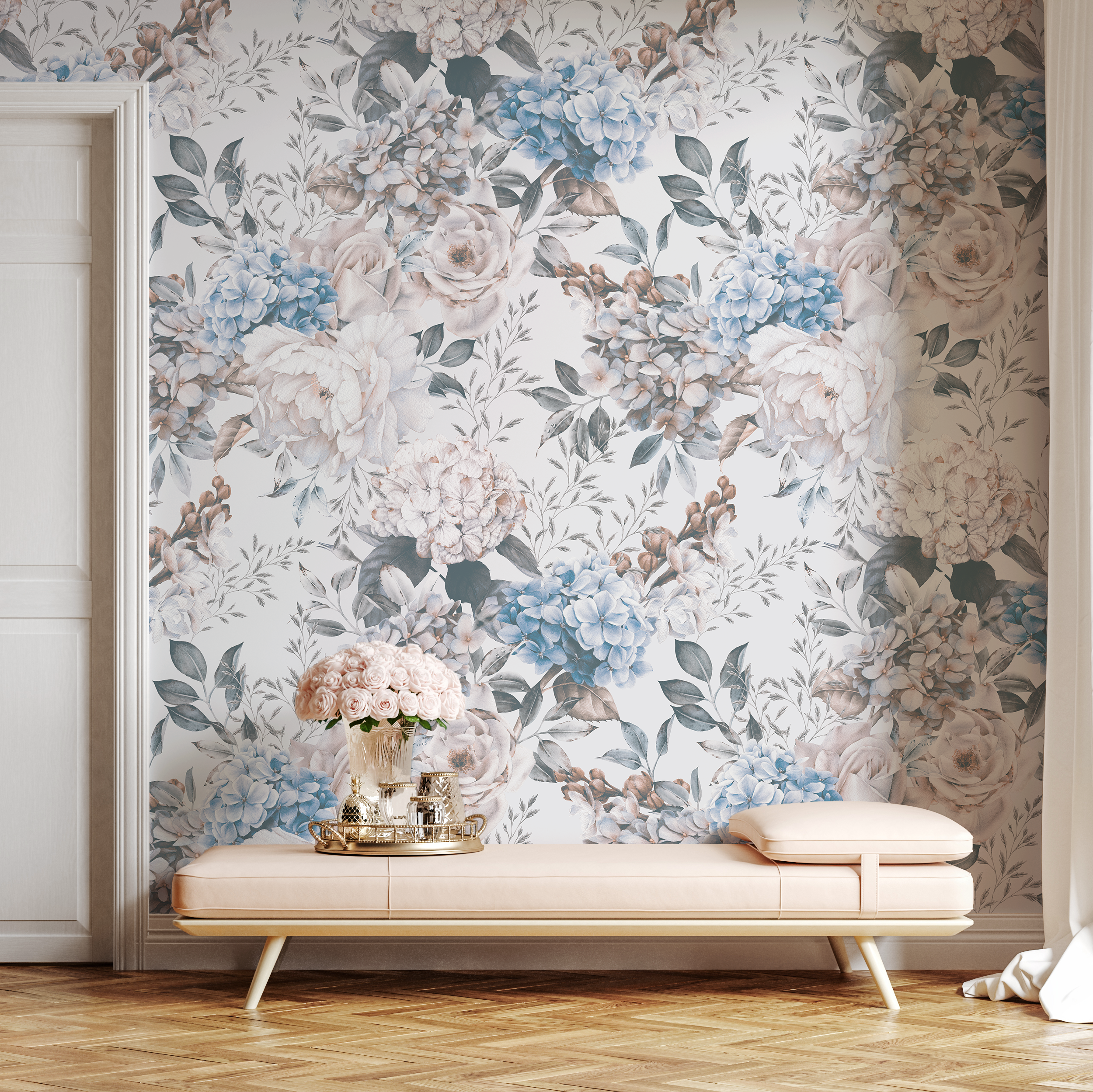 Vintage Floral Wallpaper With Peonies In Blue, Pink, And Gray - B232