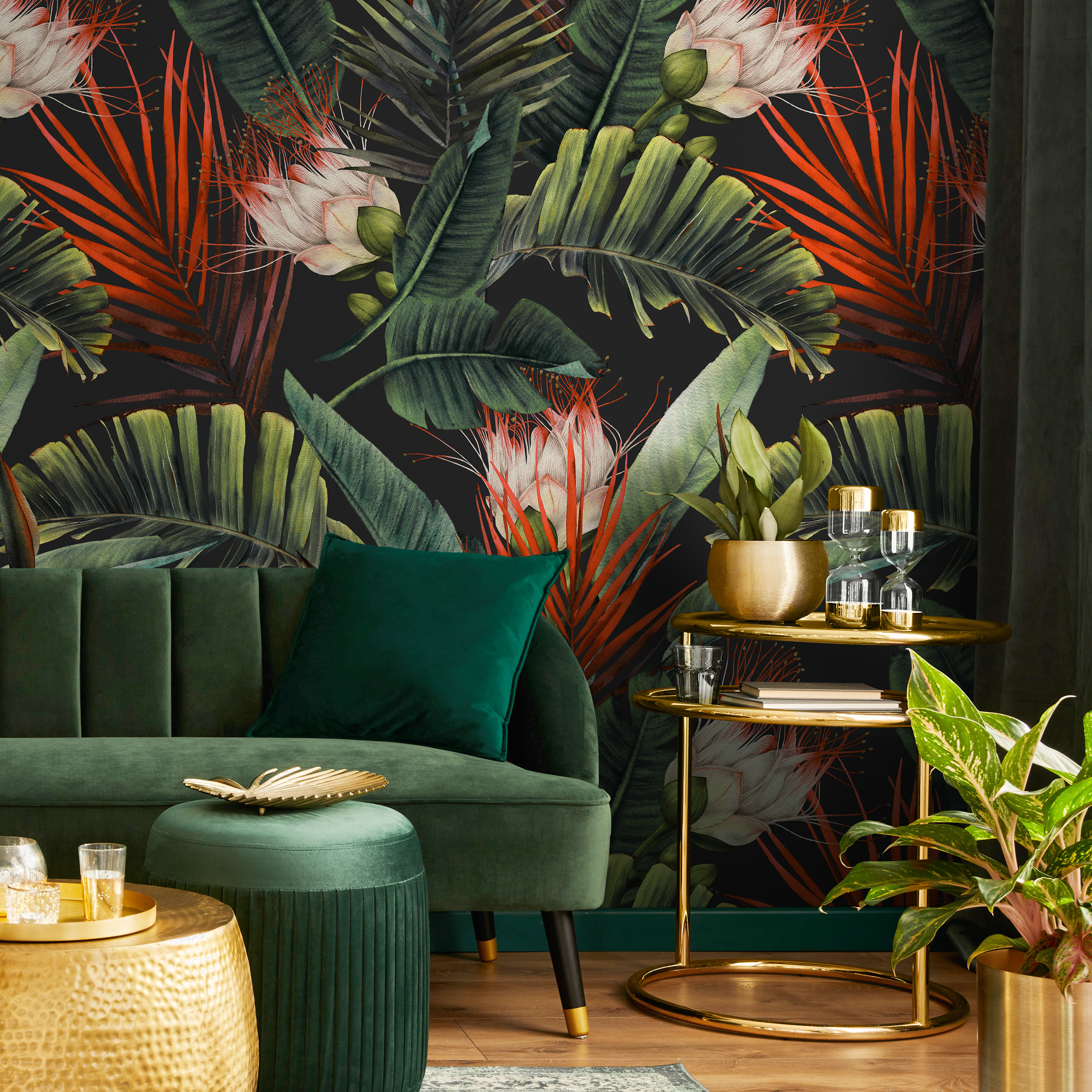 Tropical Wallpaper With Lush Palm Leaves And Flowers In Green And Red - B233