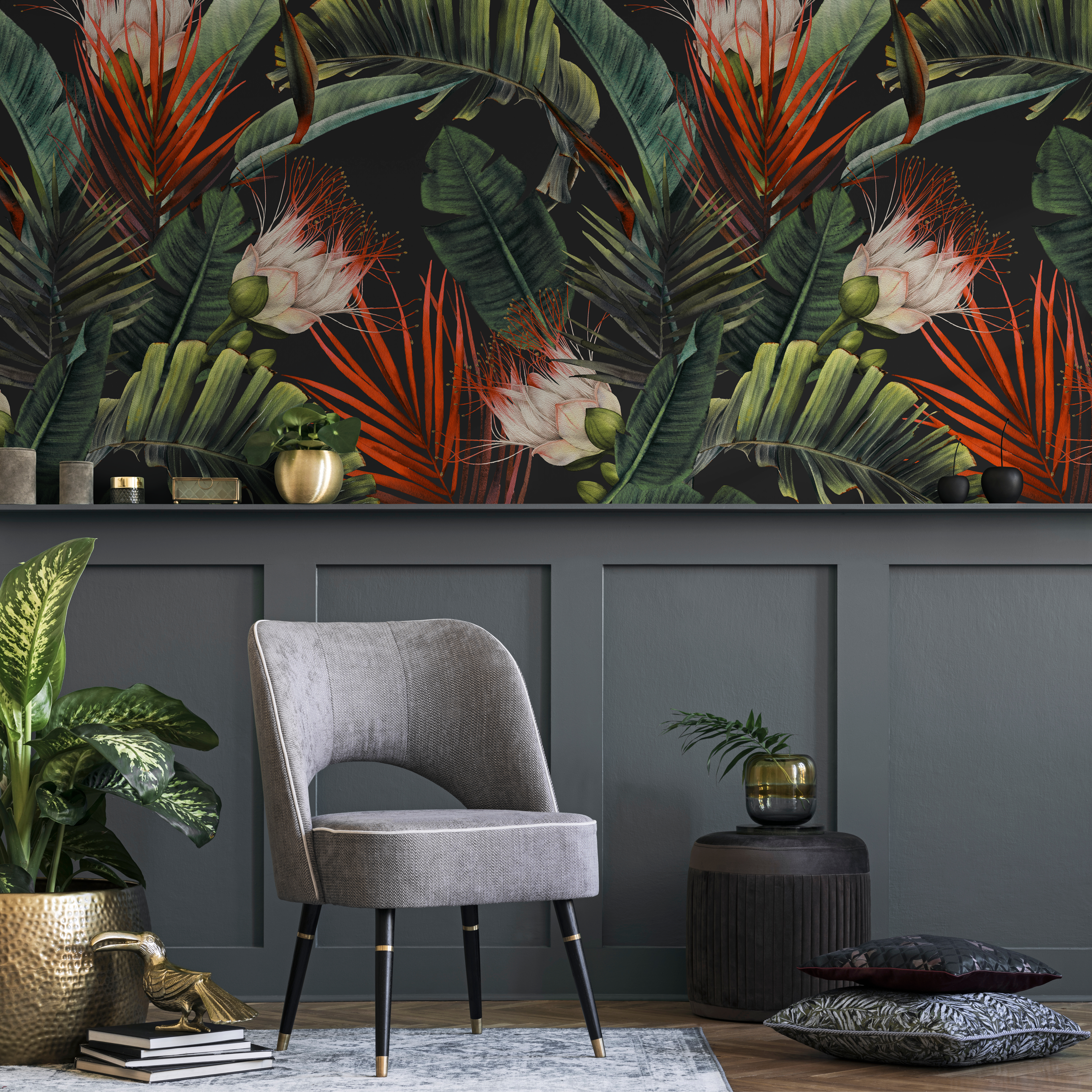 Tropical Wallpaper With Lush Palm Leaves And Flowers In Green And Red - B233