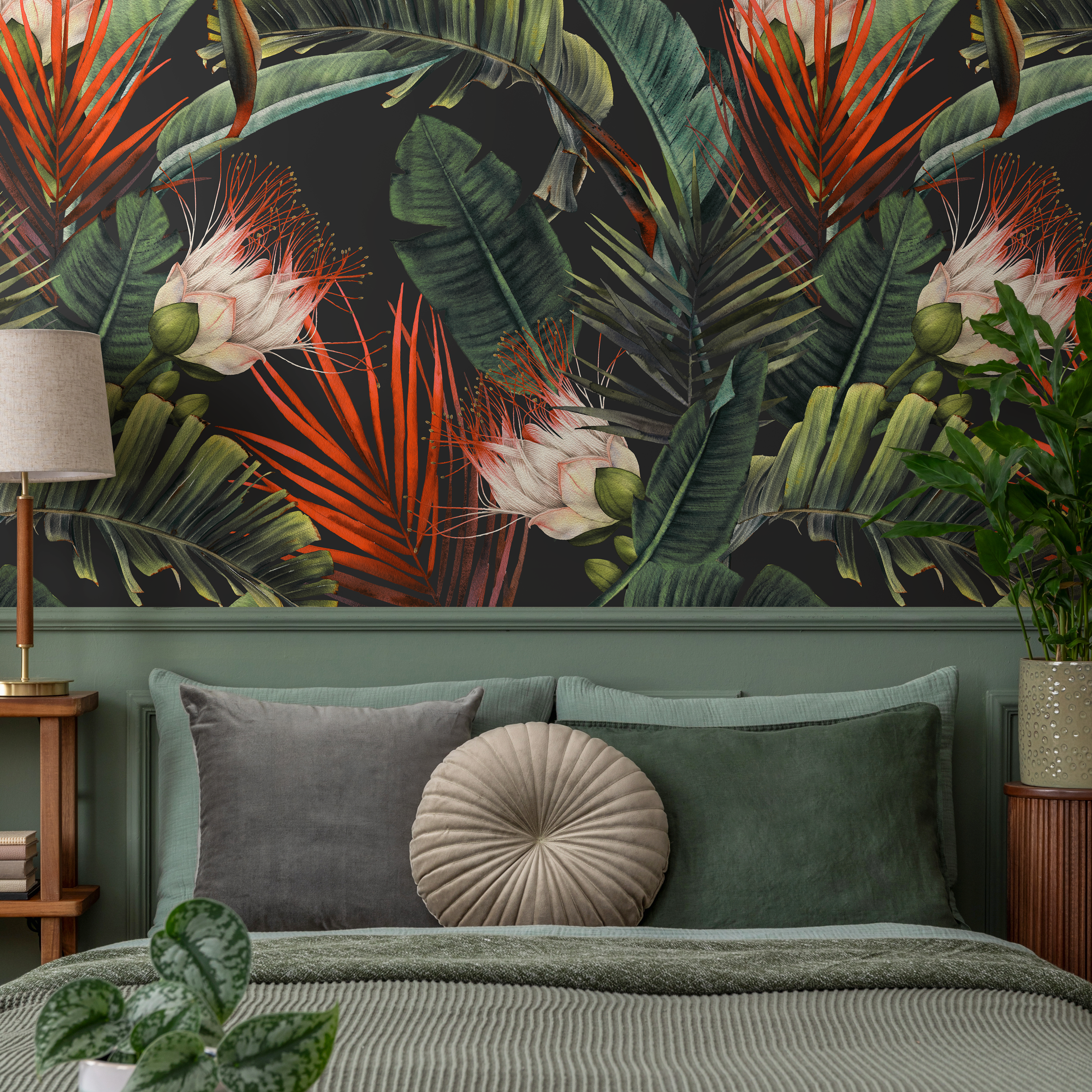 Tropical Wallpaper With Lush Palm Leaves And Flowers In Green And Red - B233