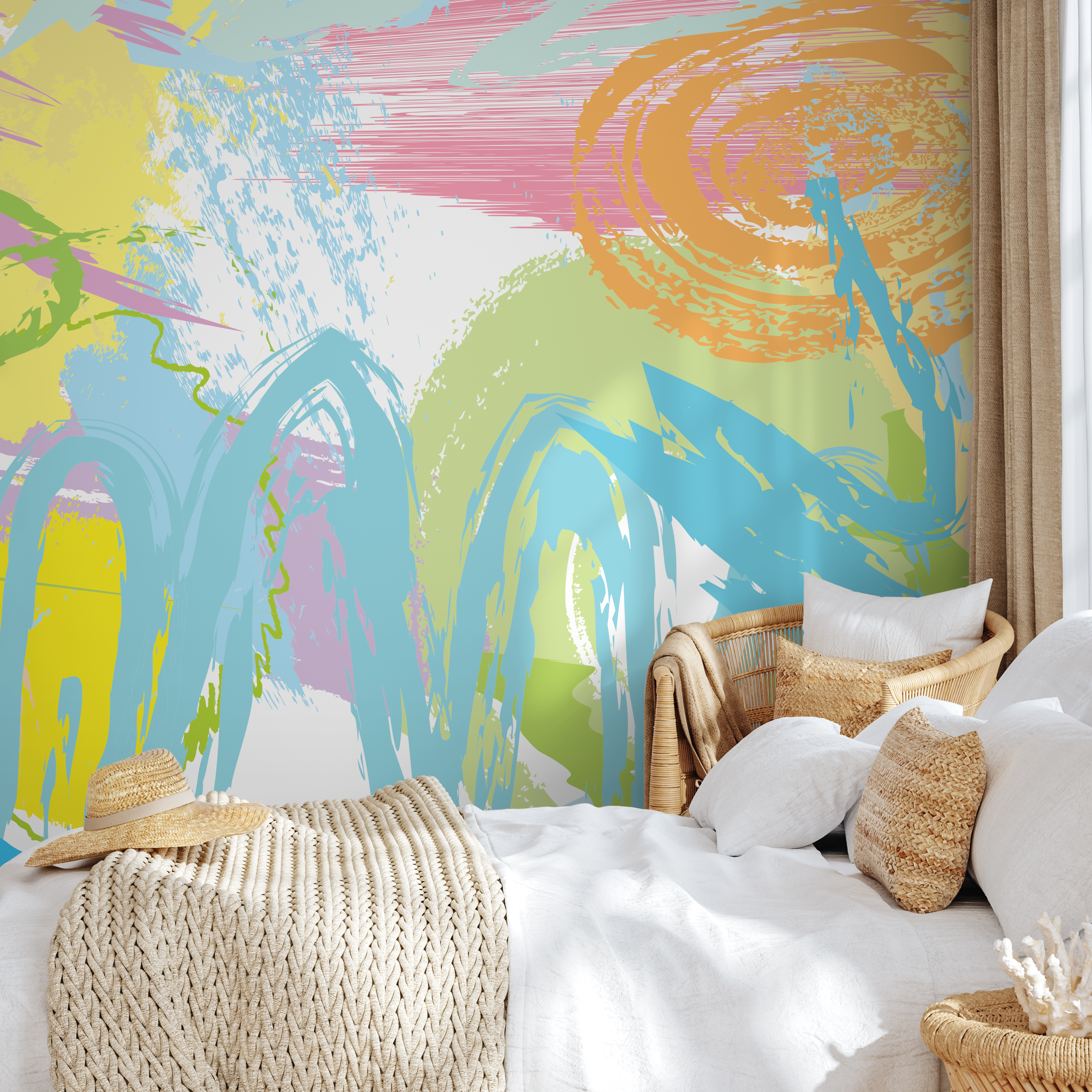 Abstract Wallpaper With Expressive Brush Strokes In Blue, Green, And Yellow - B234