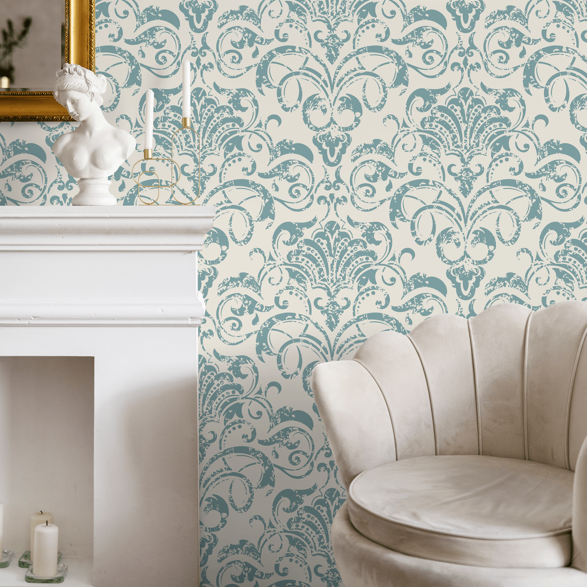 Damask Wallpaper With A Distressed Motif In Blue And Cream - B236