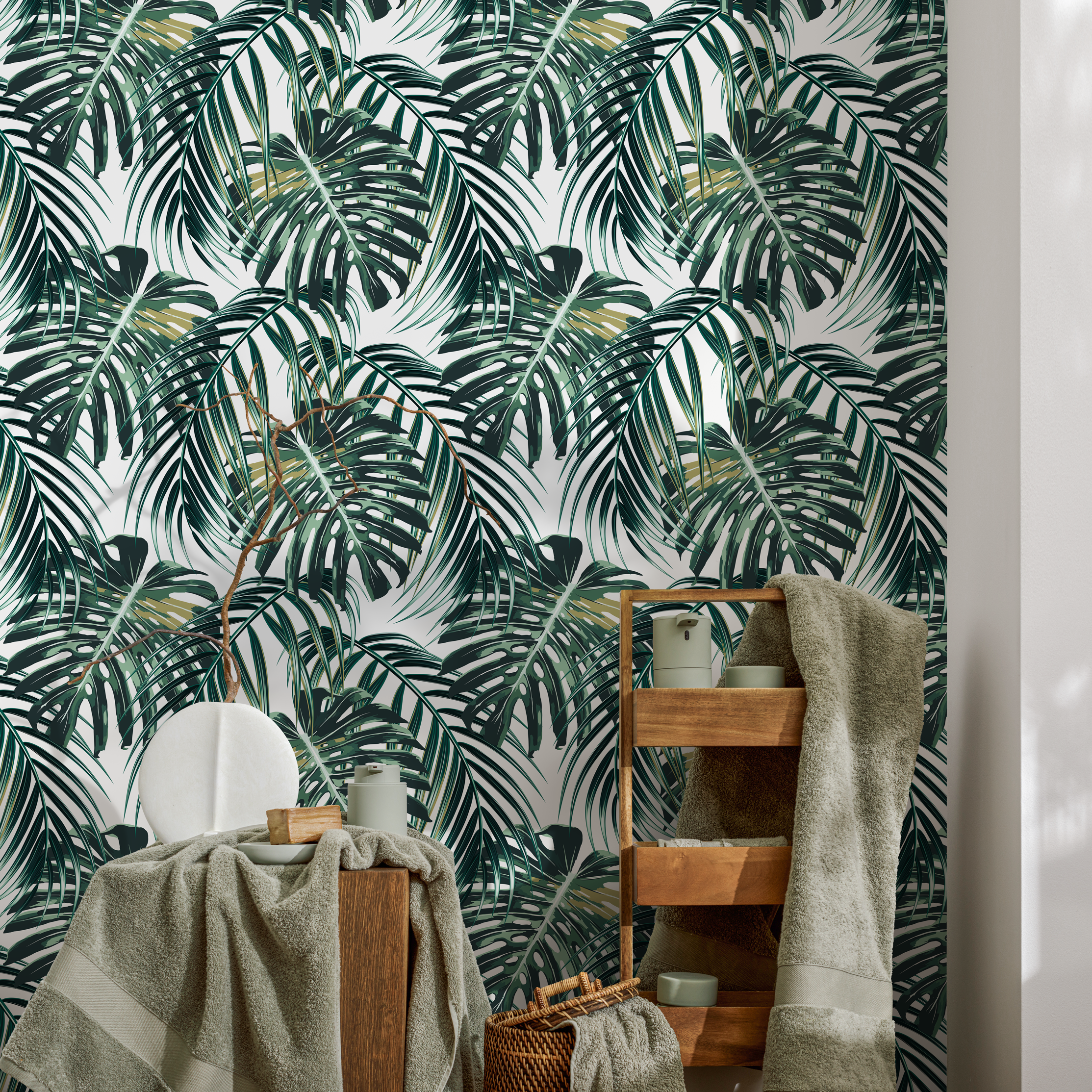 Tropical Wallpaper With Layered Palm Fronds In Green And Olive - B238