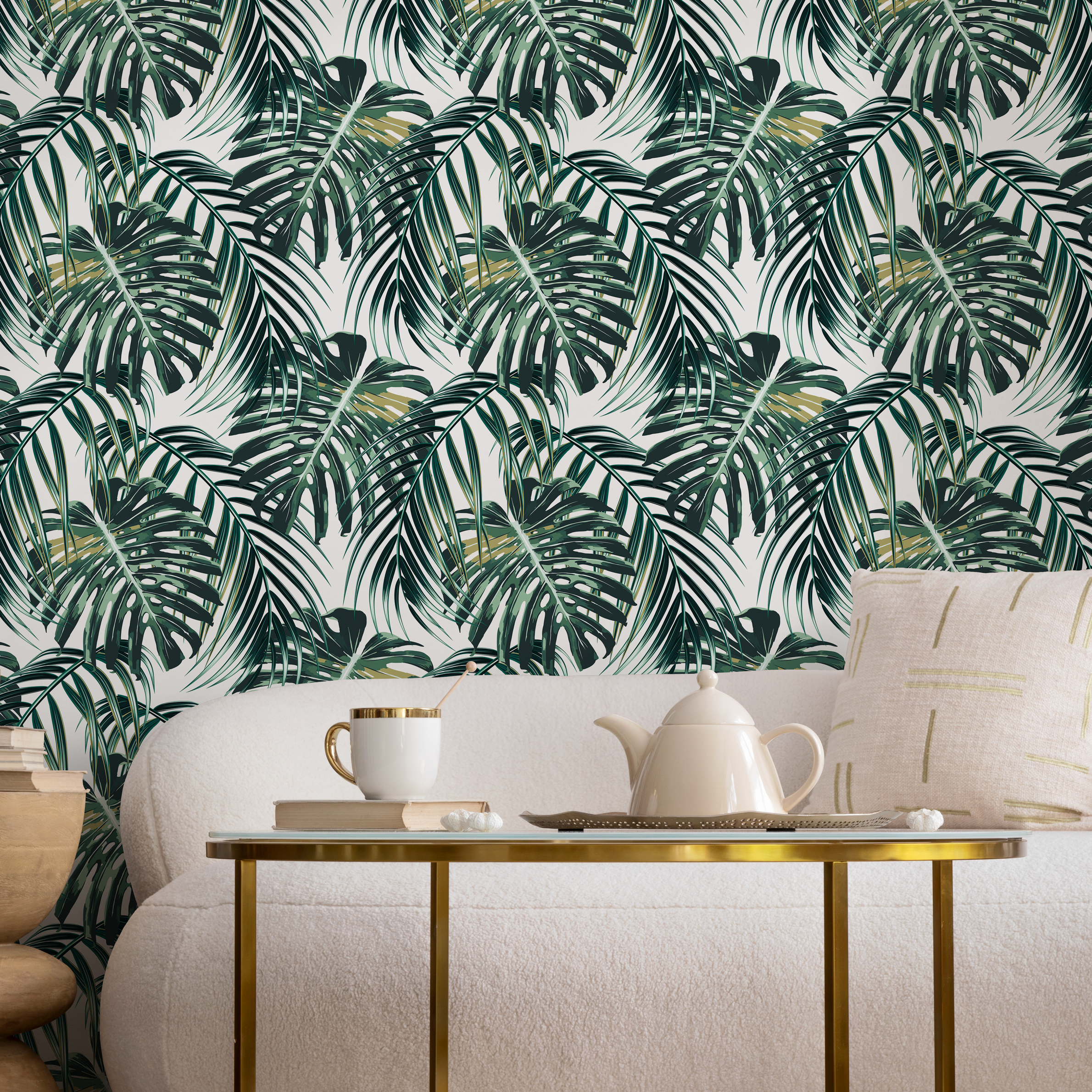 Tropical Wallpaper With Layered Palm Fronds In Green And Olive - B238
