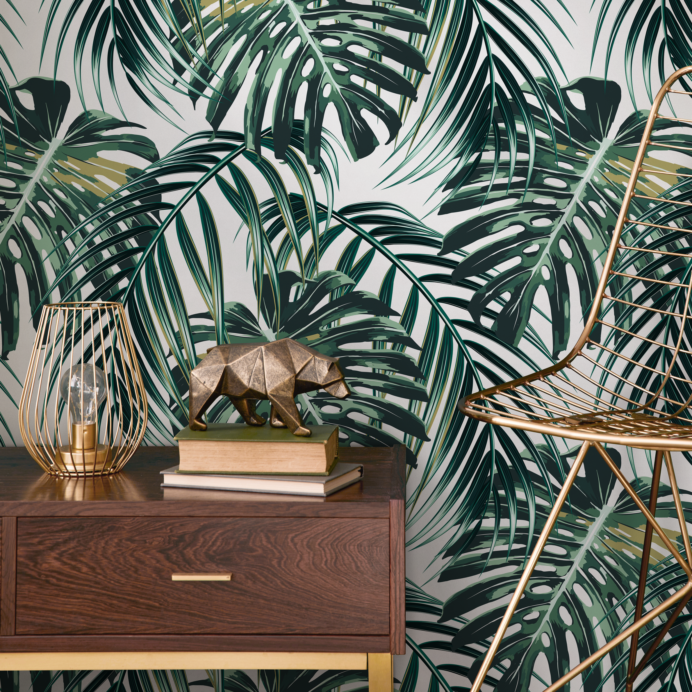 Tropical Wallpaper With Layered Palm Fronds In Green And Olive - B238