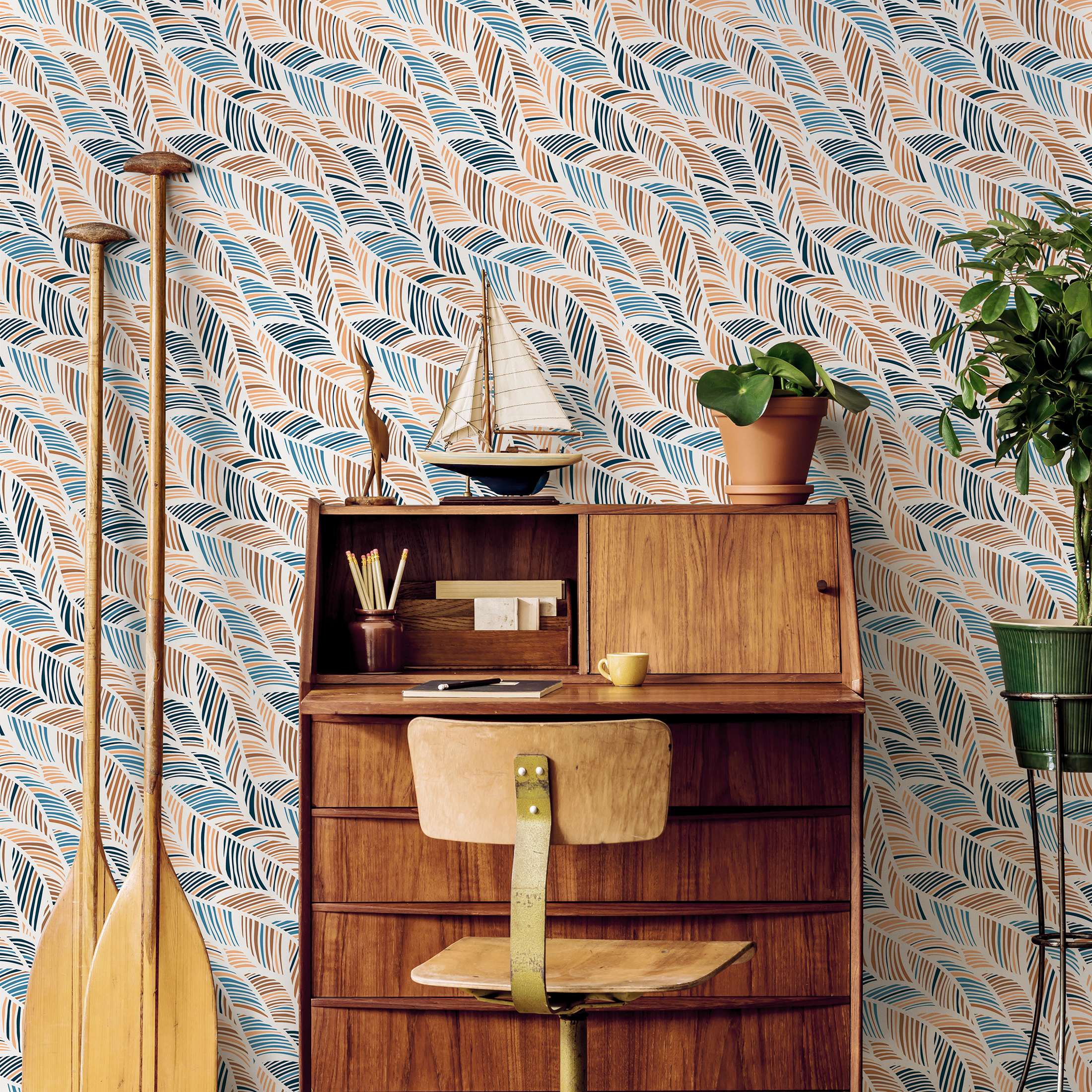 Abstract Wallpaper With Wavy Feather-like Strokes In Blue And Brown - B239