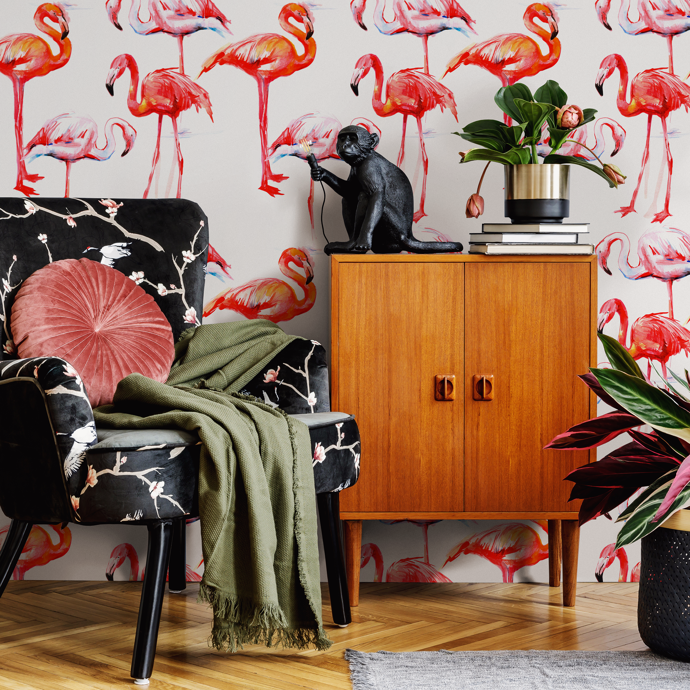 Tropical Wallpaper With A Watercolor Flamingo Motif In Red, Pink, And Orange - B248