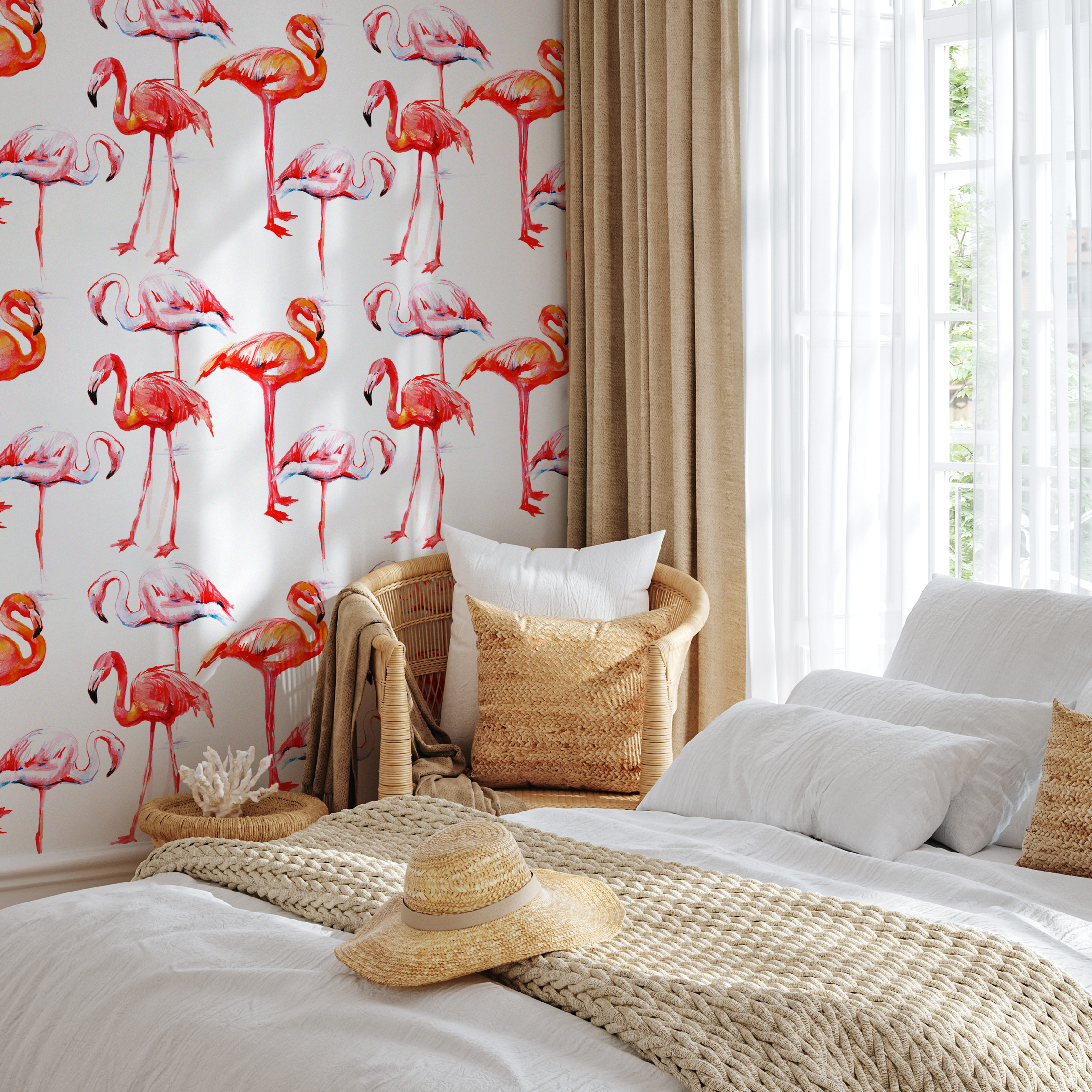 Tropical Wallpaper With A Watercolor Flamingo Motif In Red, Pink, And Orange - B248