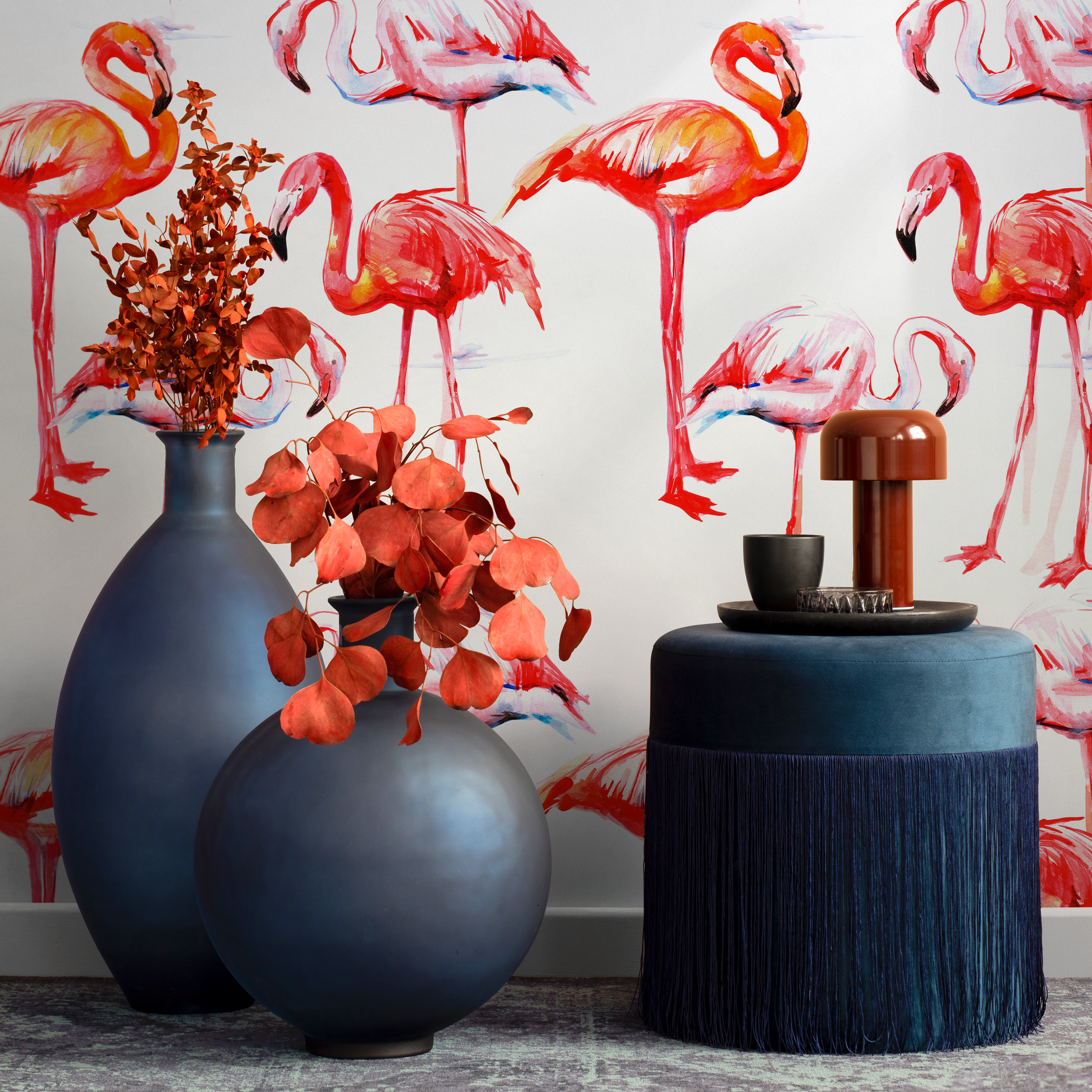 Tropical Wallpaper With A Watercolor Flamingo Motif In Red, Pink, And Orange - B248