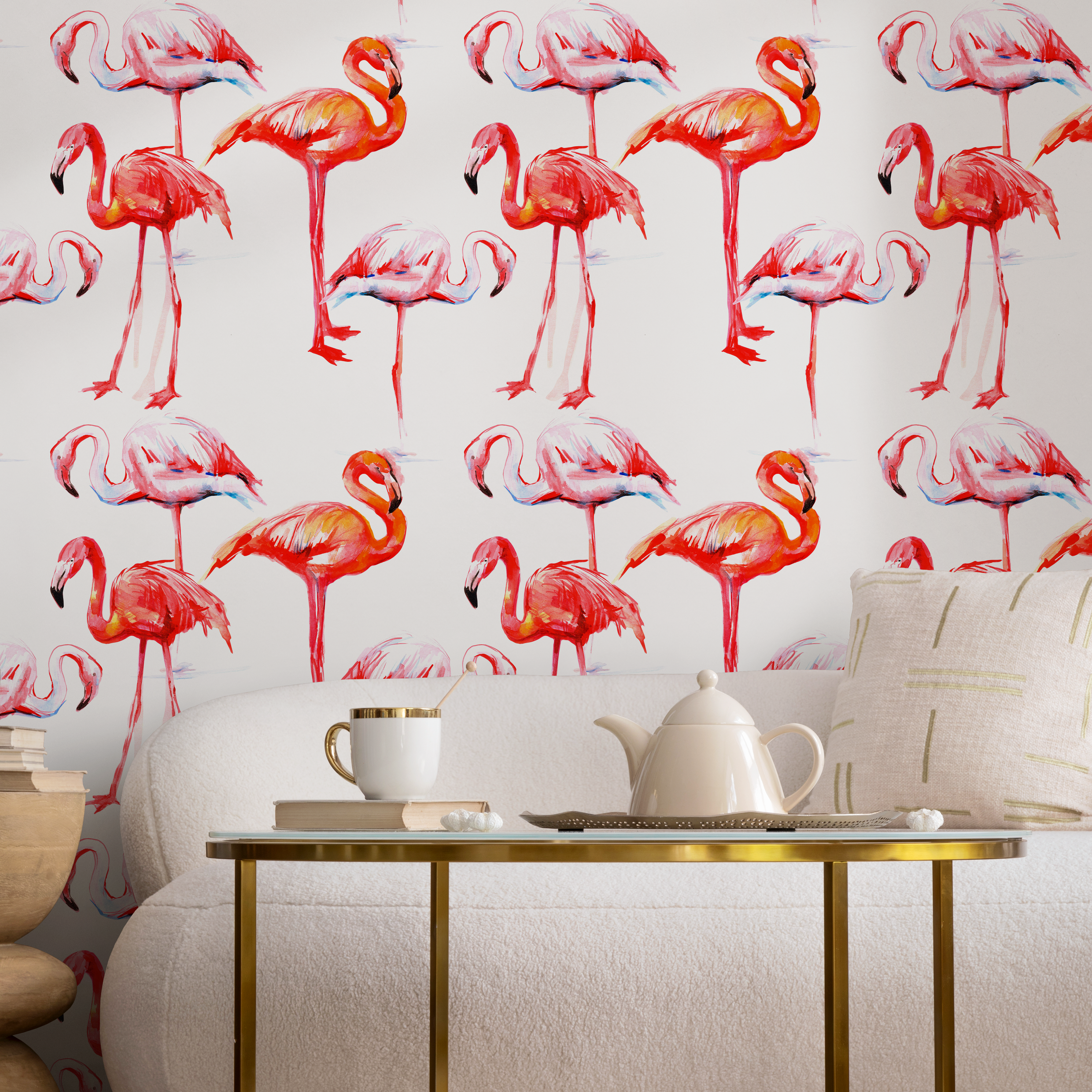 Tropical Wallpaper With A Watercolor Flamingo Motif In Red, Pink, And Orange - B248