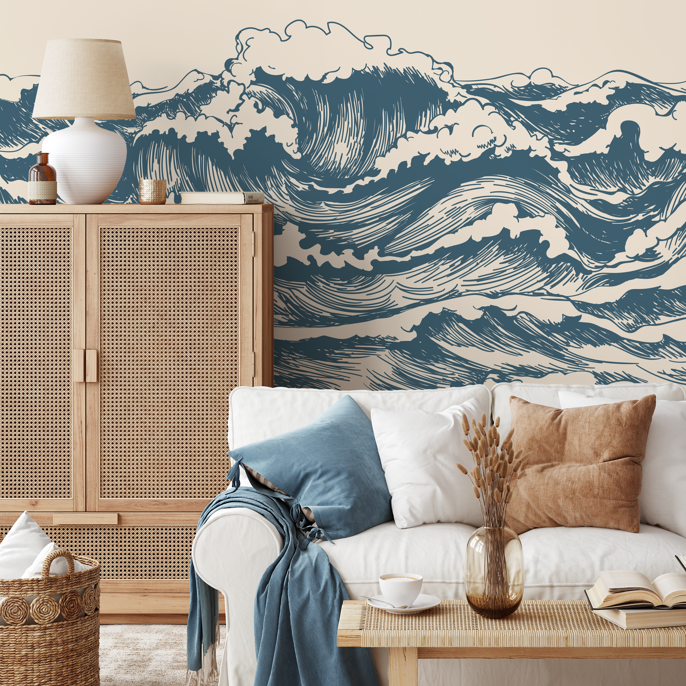 Waves Wallpaper With A Hand-drawn Ocean Motif In Blue And Beige - B256