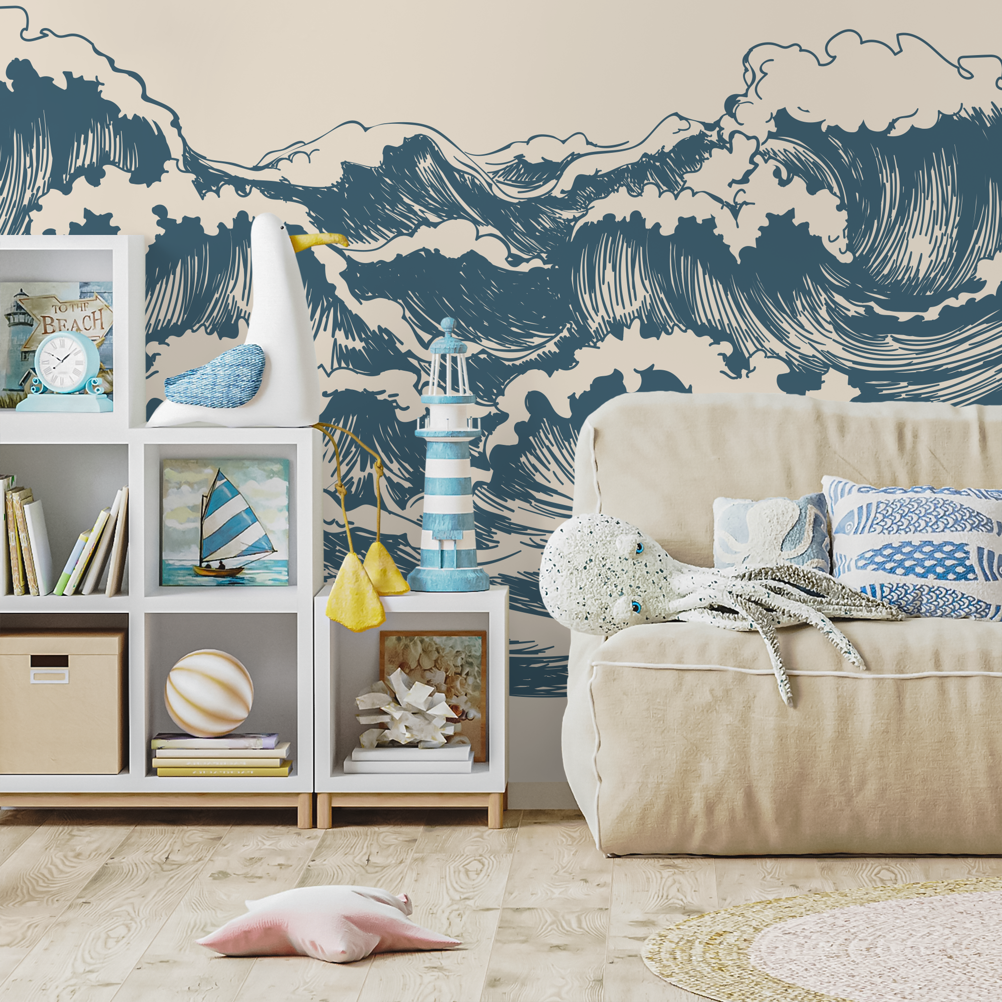 Waves Wallpaper With A Hand-drawn Ocean Motif In Blue And Beige - B256