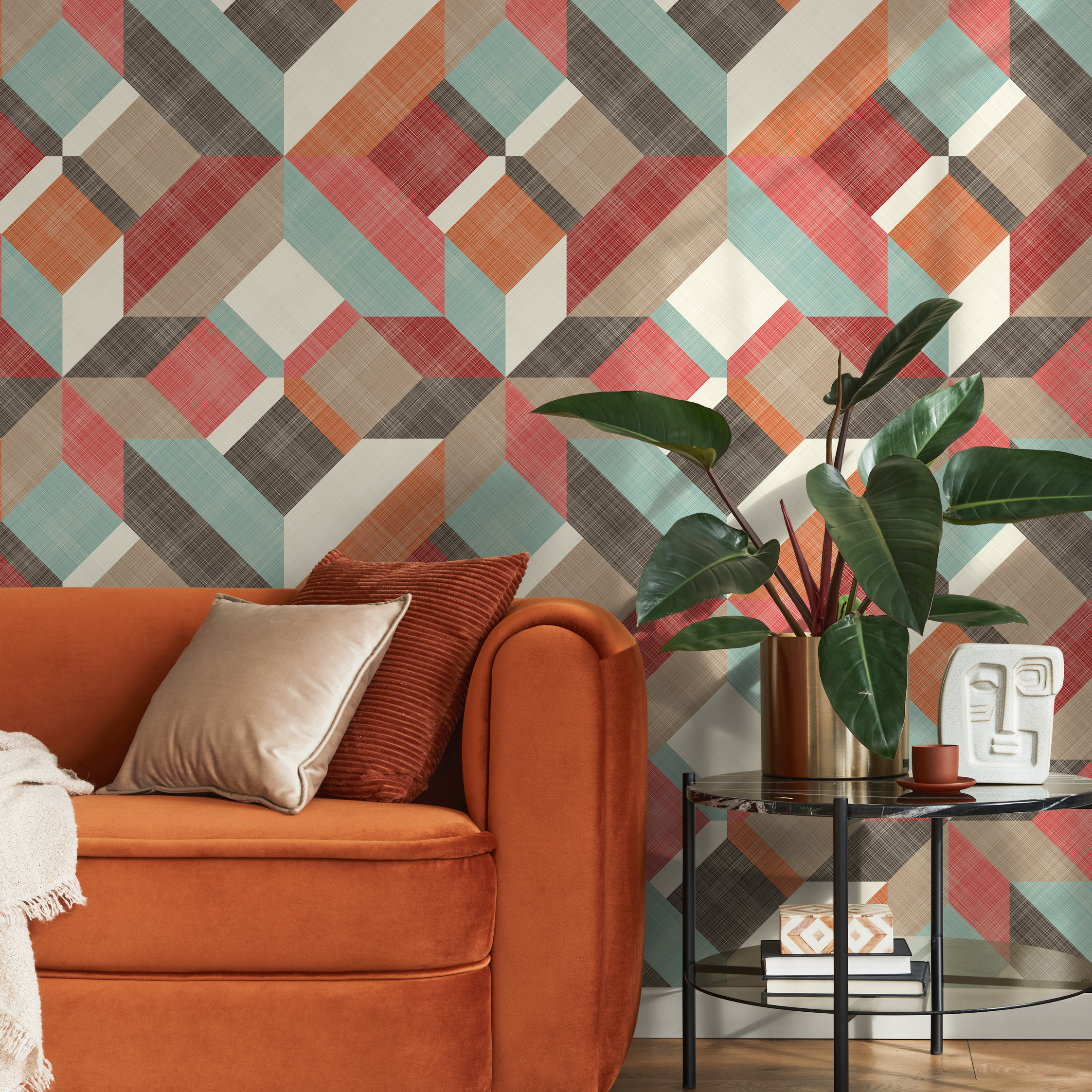 Geometric Wallpaper With A 3d Block Motif In Red, Orange, And Teal - B259
