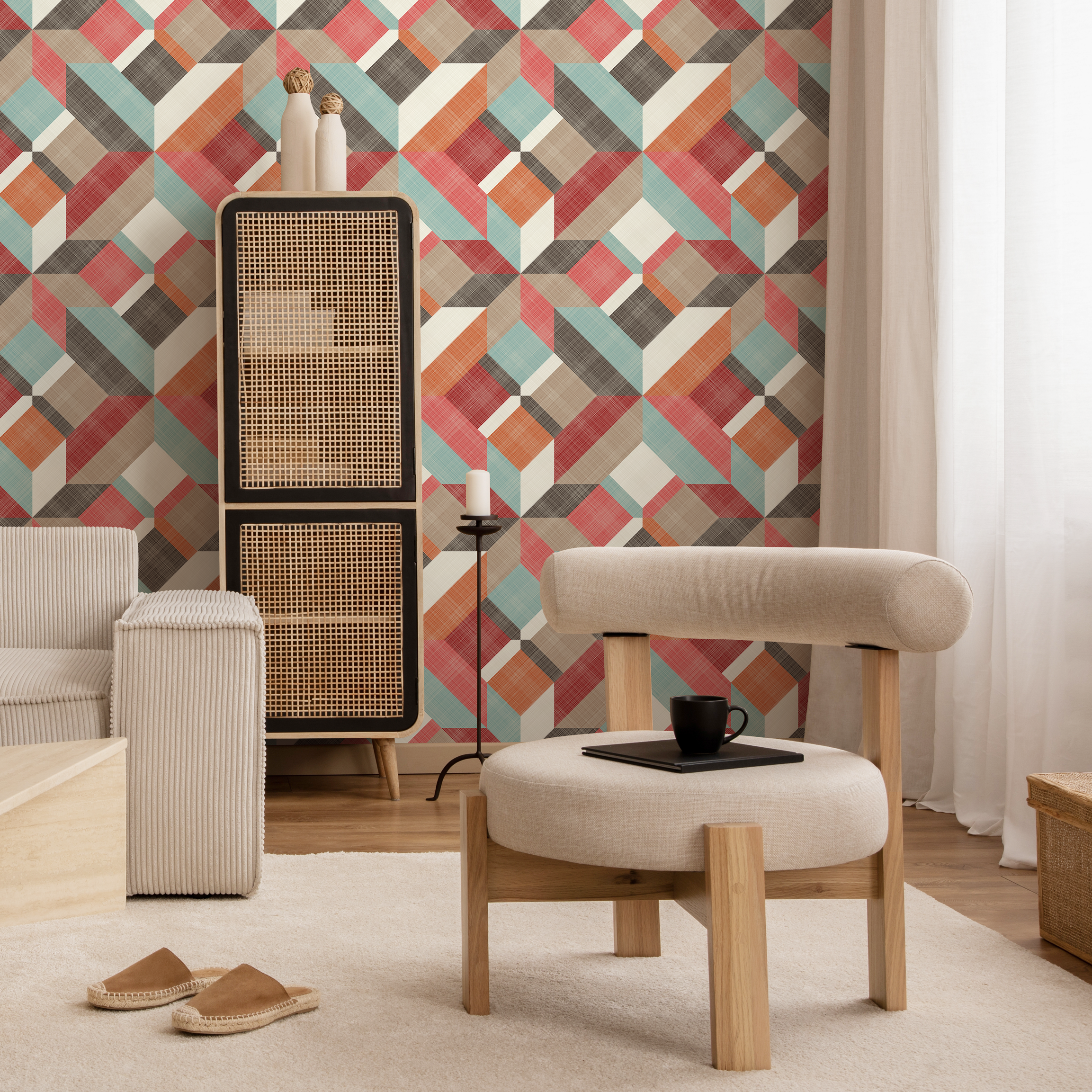 Geometric Wallpaper With A 3d Block Motif In Red, Orange, And Teal - B259