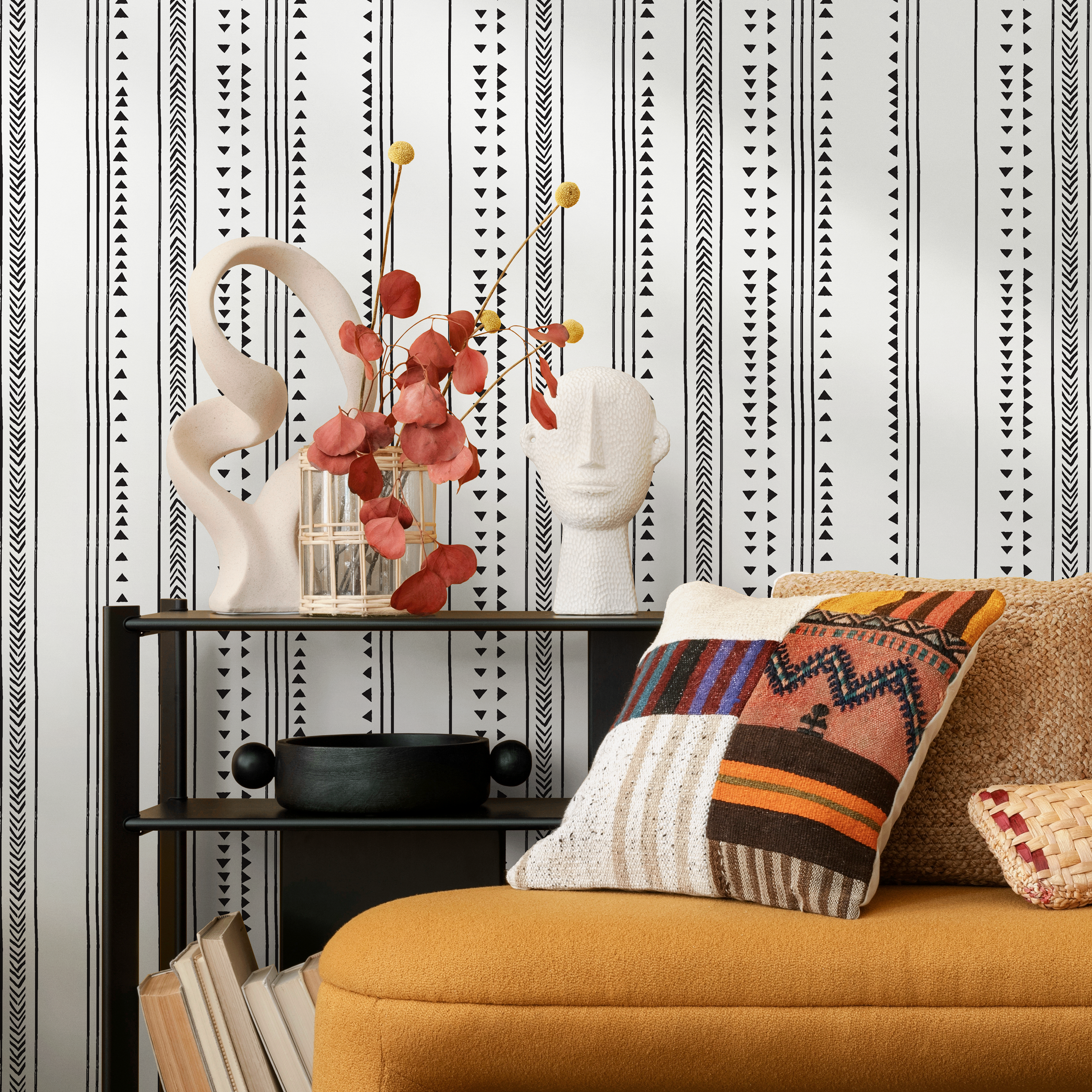 Tribal Wallpaper With Geometric Striped Lines In Black And White - B260