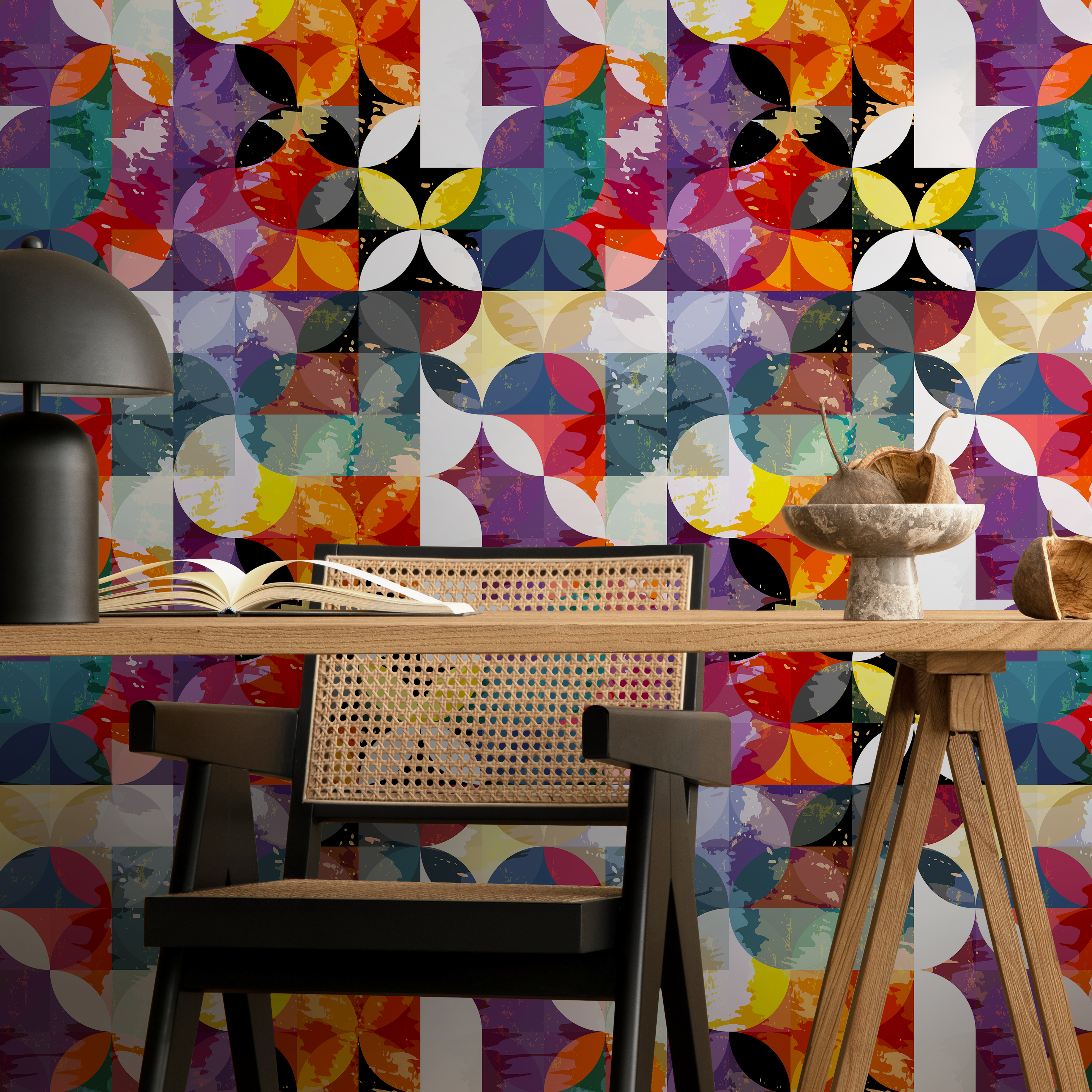 Geometric Wallpaper With A Distressed Circle Motif In Orange, Purple, And Teal - B265