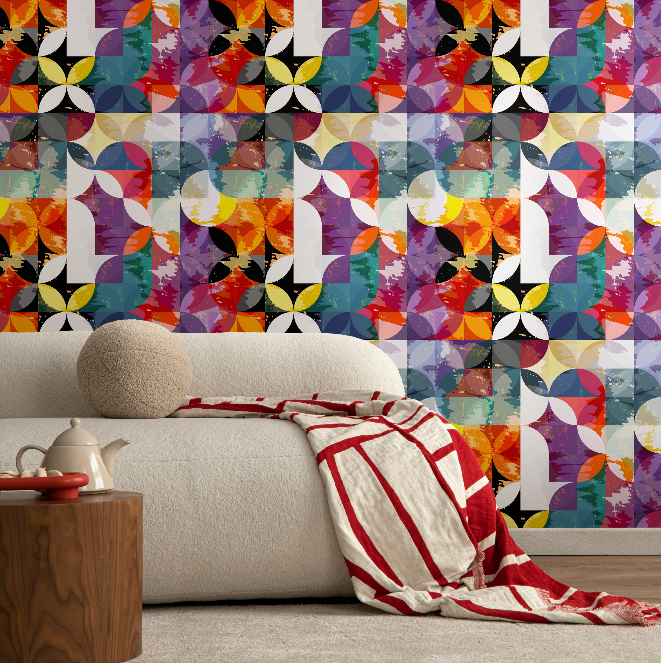 Geometric Wallpaper With A Distressed Circle Motif In Orange, Purple, And Teal - B265