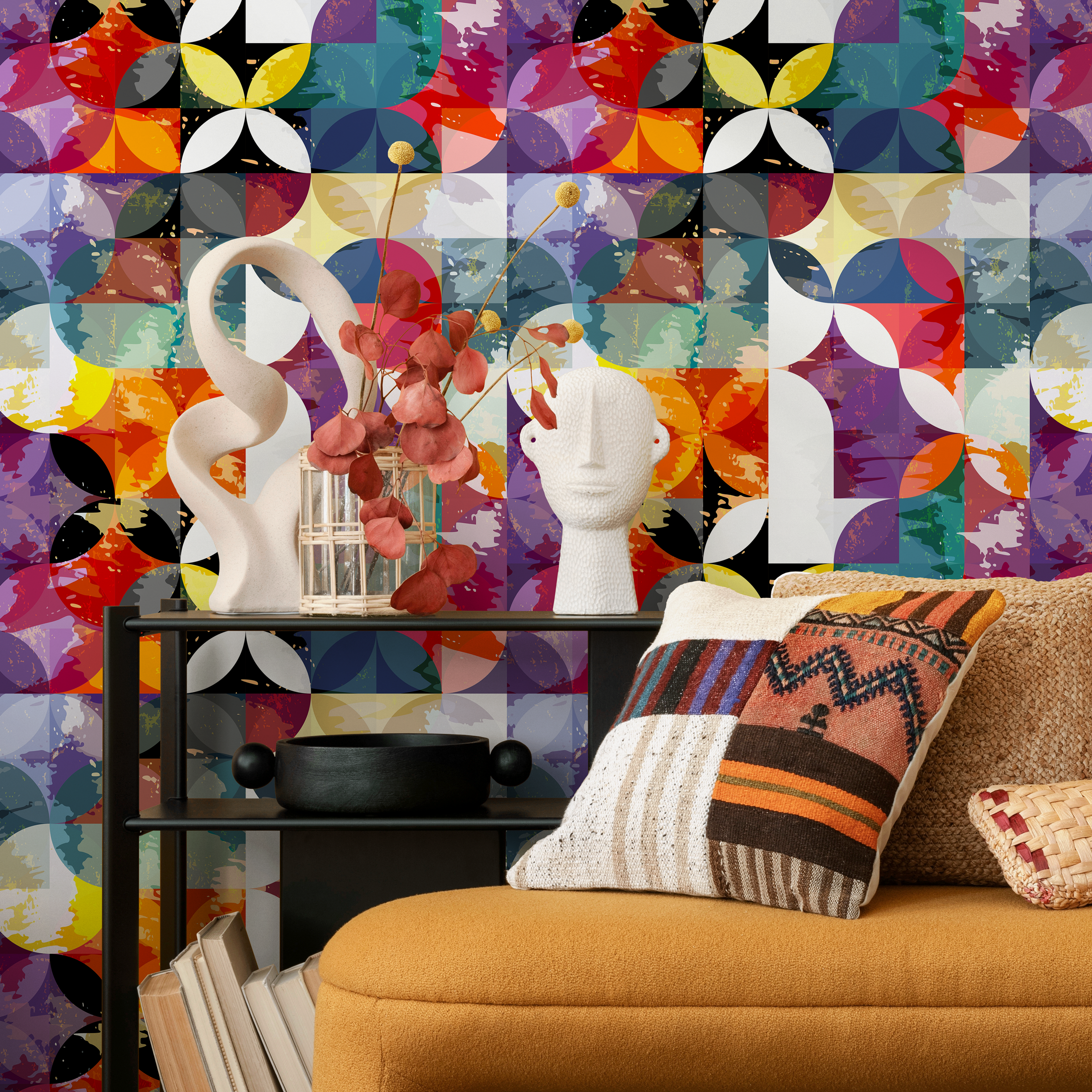 Geometric Wallpaper With A Distressed Circle Motif In Orange, Purple, And Teal - B265