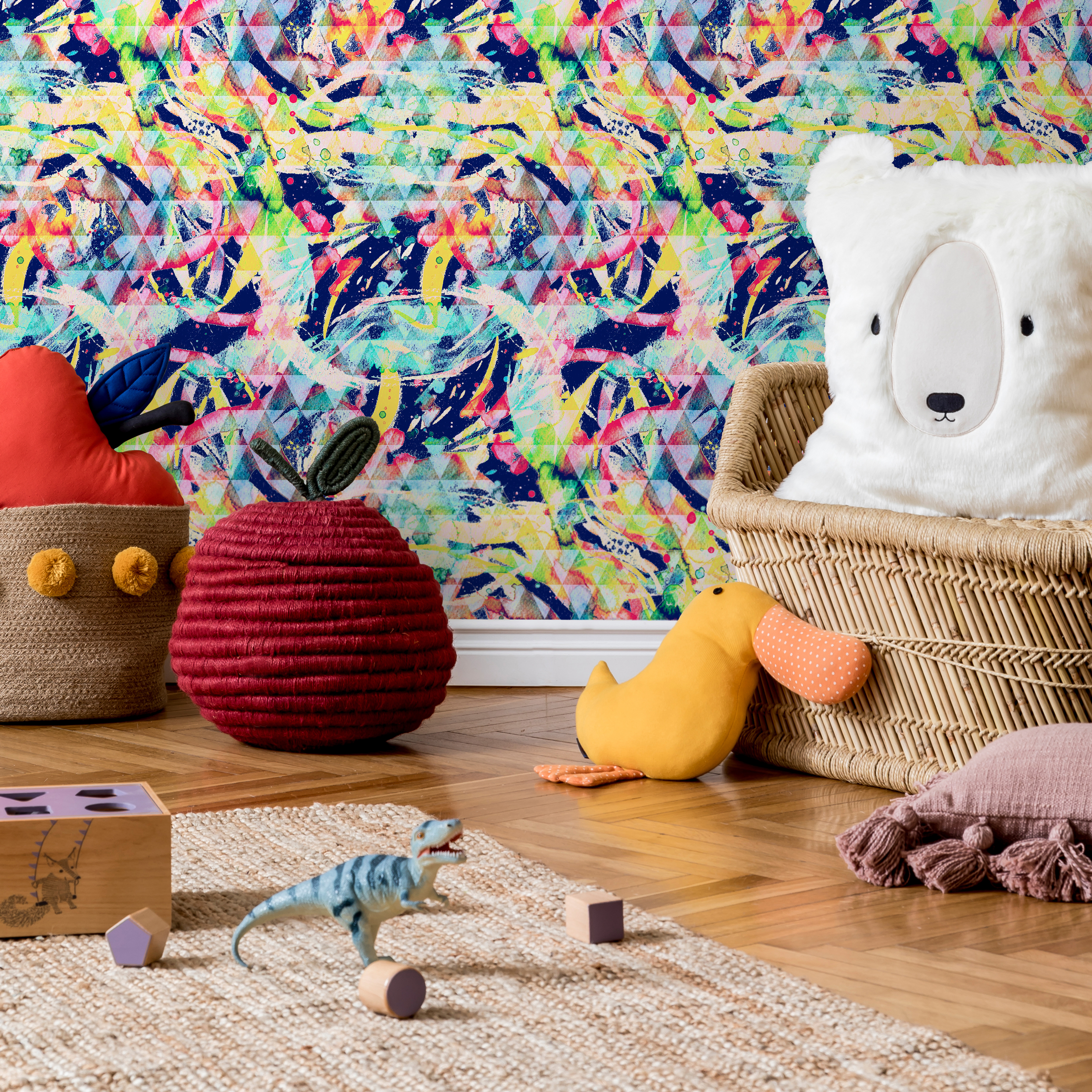 Abstract Wallpaper With A Geometric Graffiti Motif In Blue, Yellow, And Pink - B266