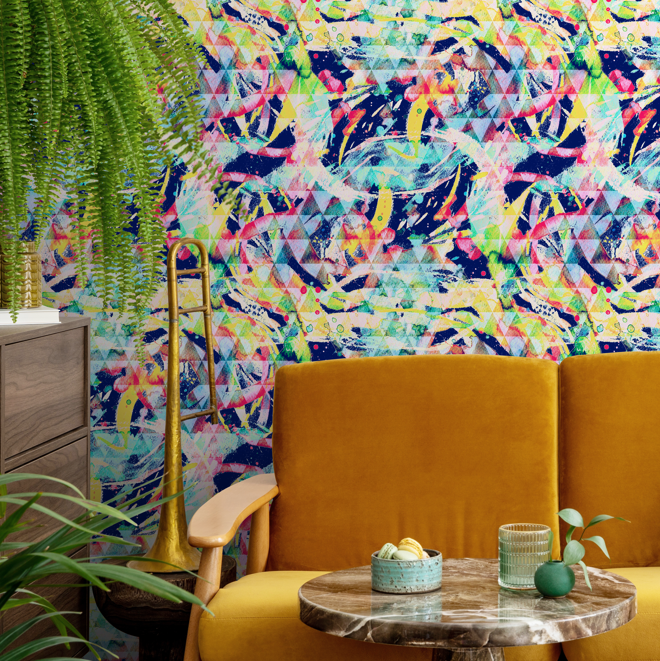 Abstract Wallpaper With A Geometric Graffiti Motif In Blue, Yellow, And Pink - B266