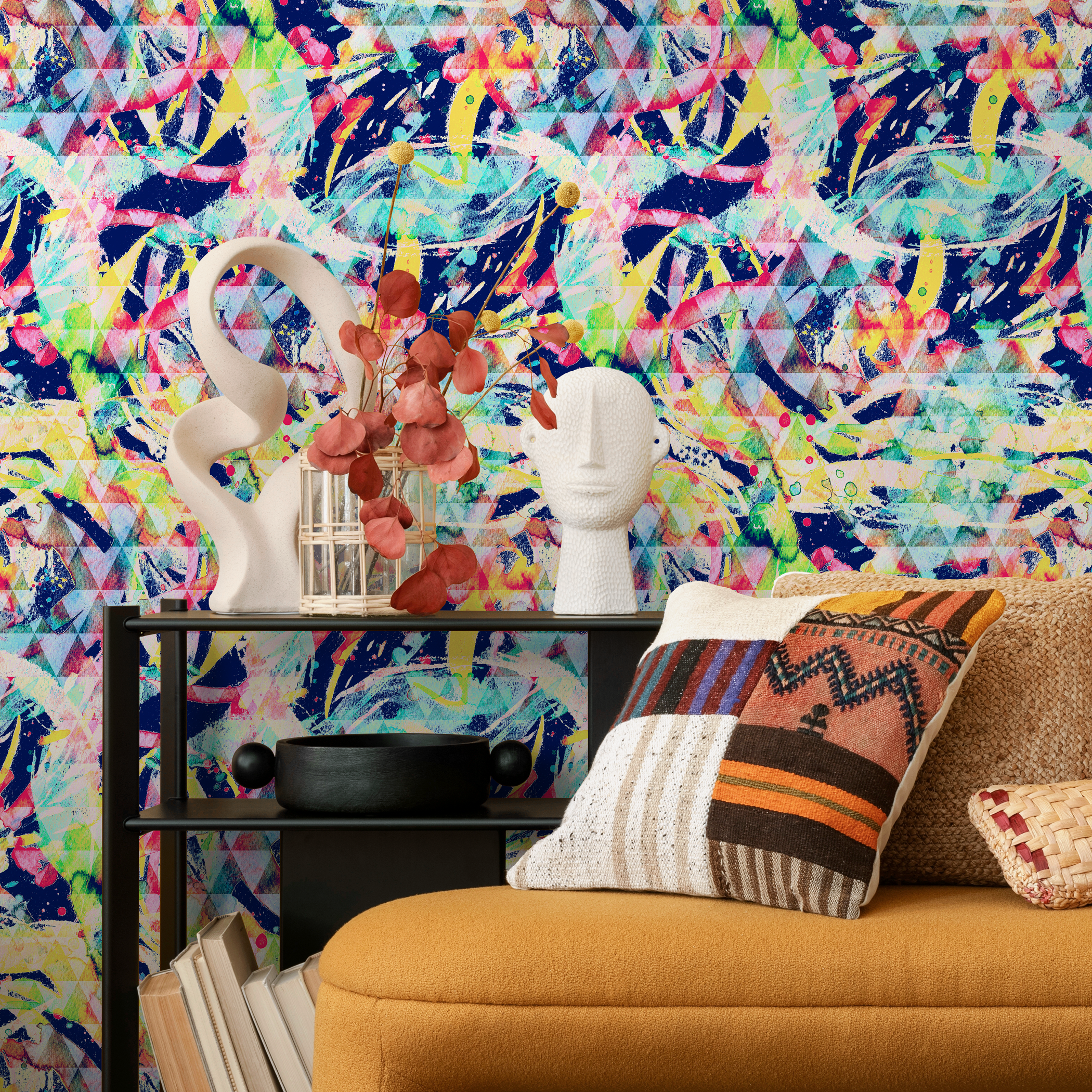 Abstract Wallpaper With A Geometric Graffiti Motif In Blue, Yellow, And Pink - B266
