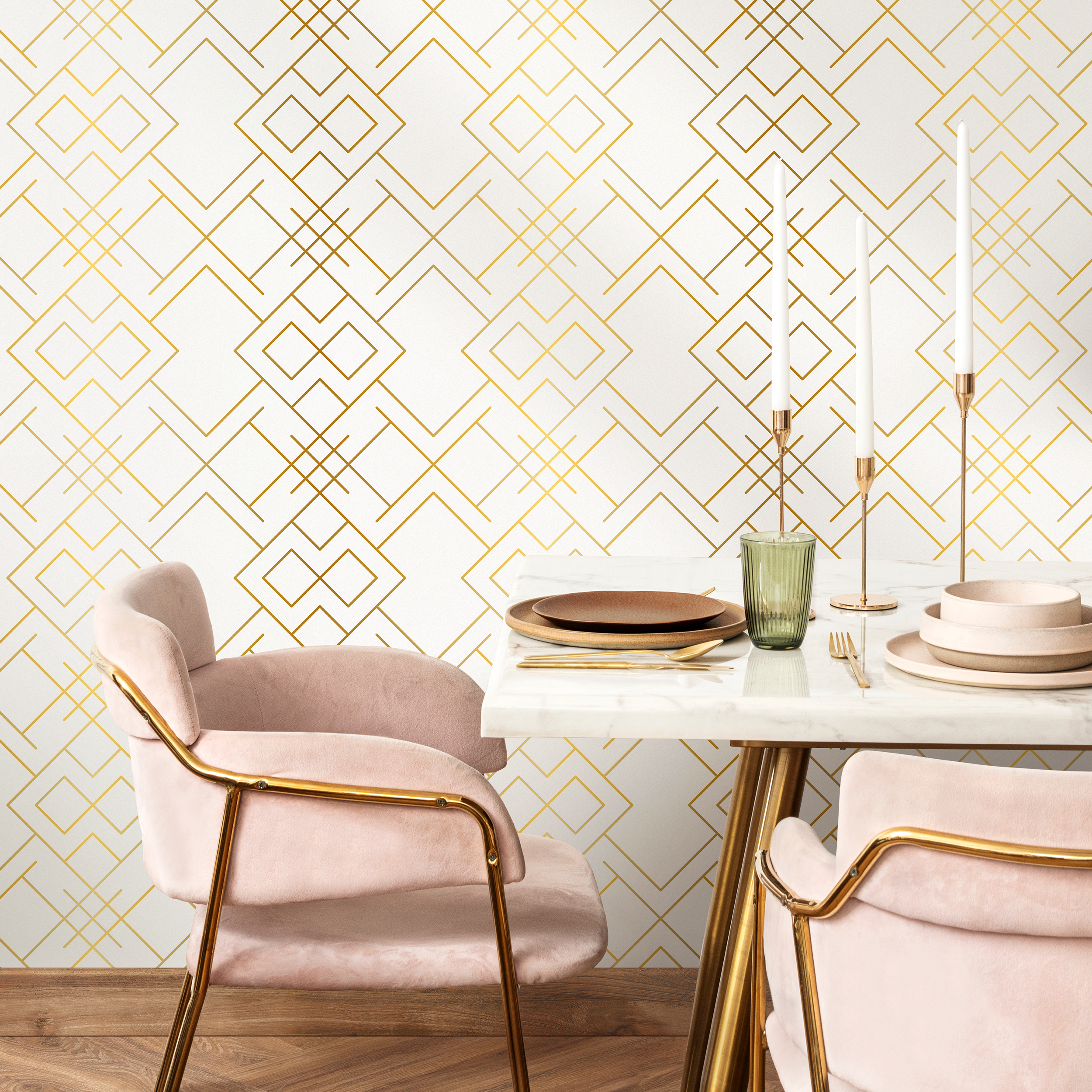 Art Deco Wallpaper With Interlocking Geometric Lines In Gold - B269