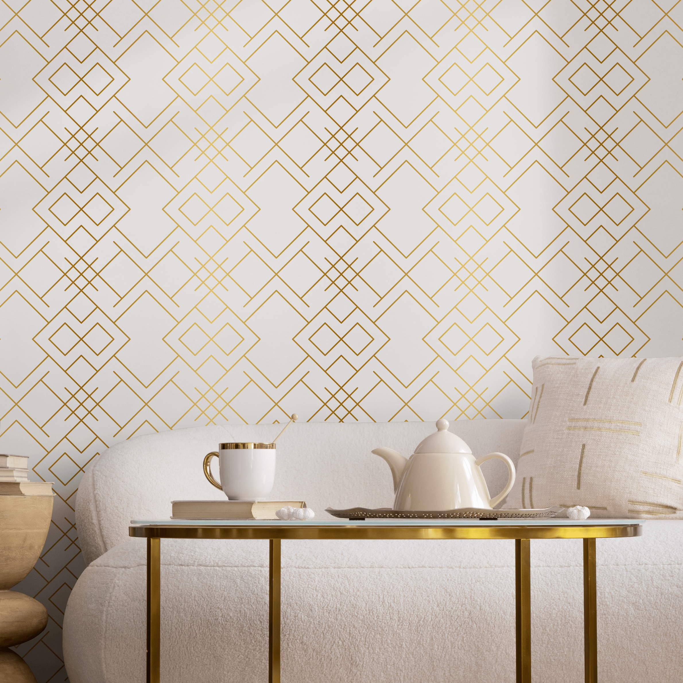 Art Deco Wallpaper With Interlocking Geometric Lines In Gold - B269