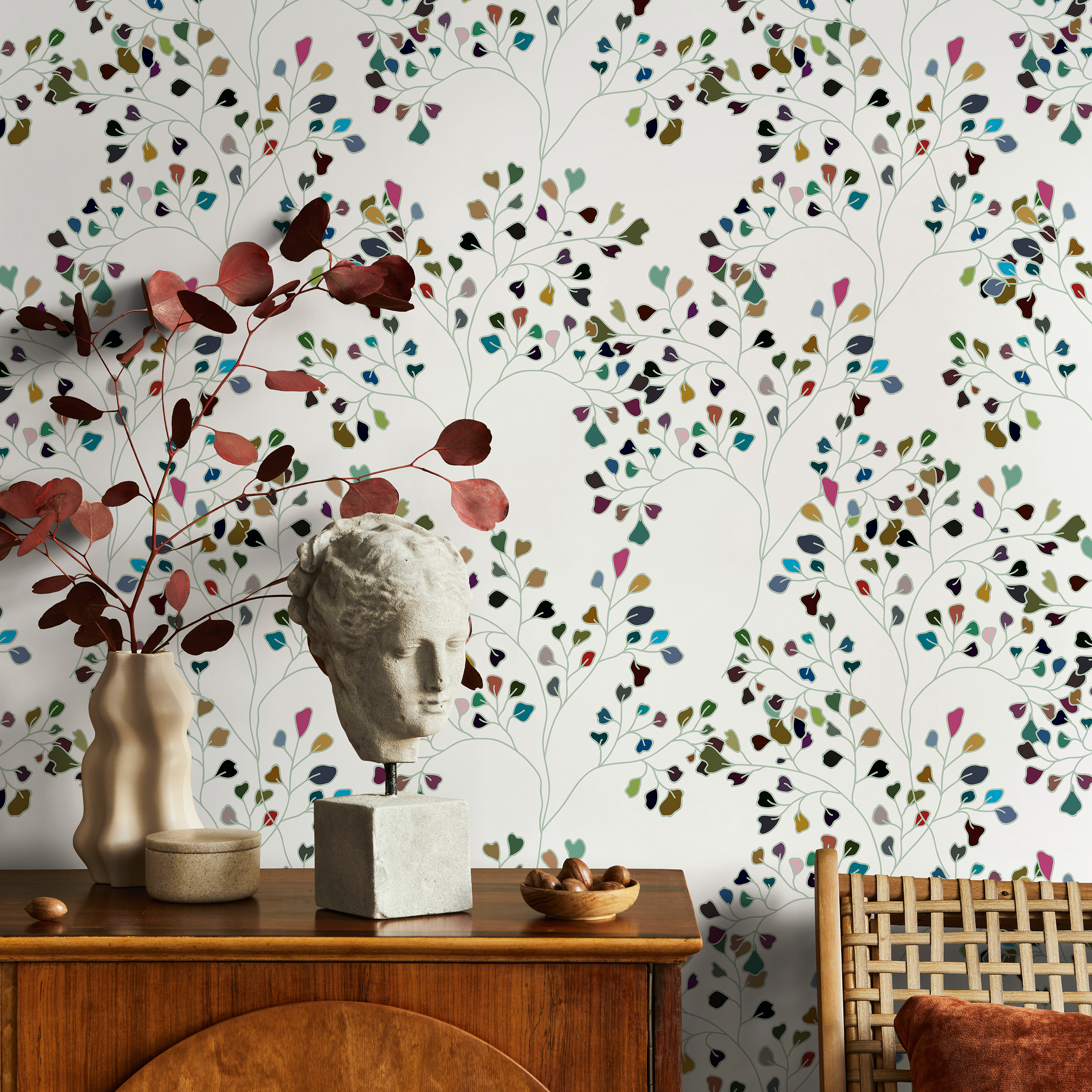 Scandinavian Wallpaper With Colorful Heart Leaves In Green, Blue, And Pink - B276