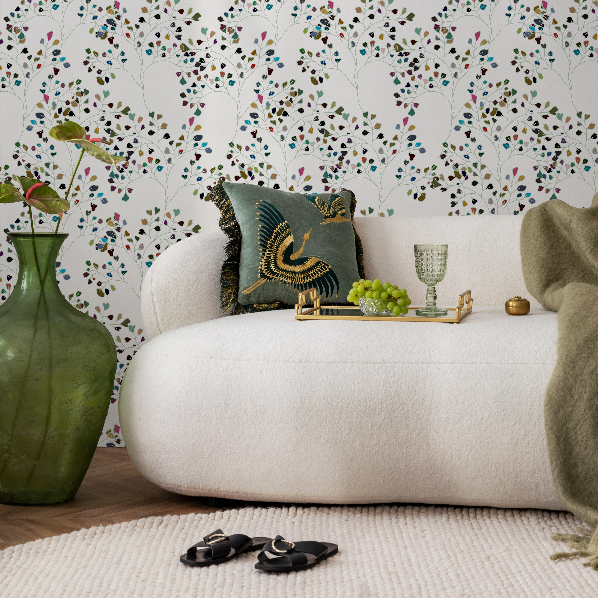 Scandinavian Wallpaper With Colorful Heart Leaves In Green, Blue, And Pink - B276