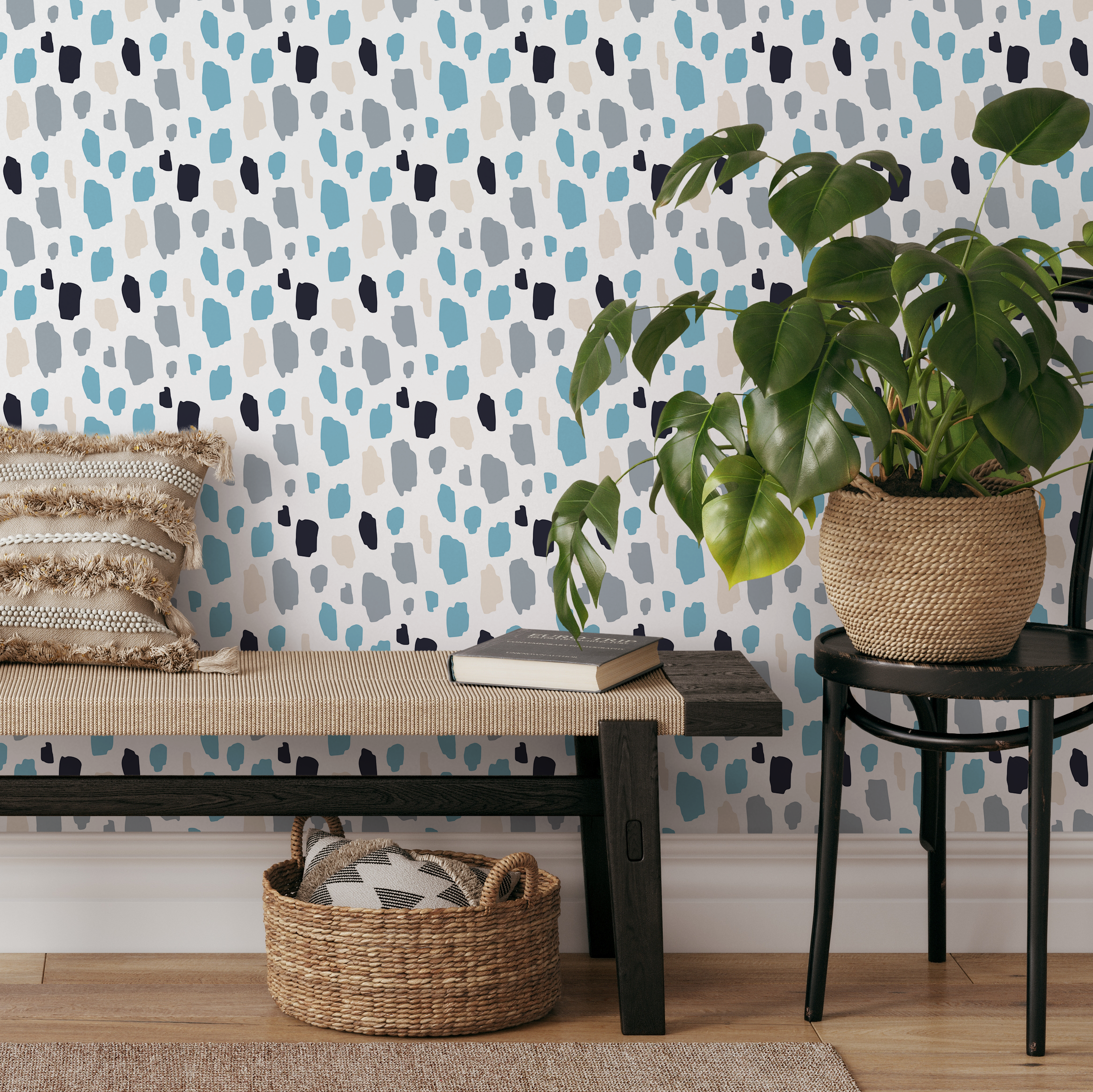 Scandinavian Wallpaper With Painterly Spots In Blue, Gray, And Black - B282
