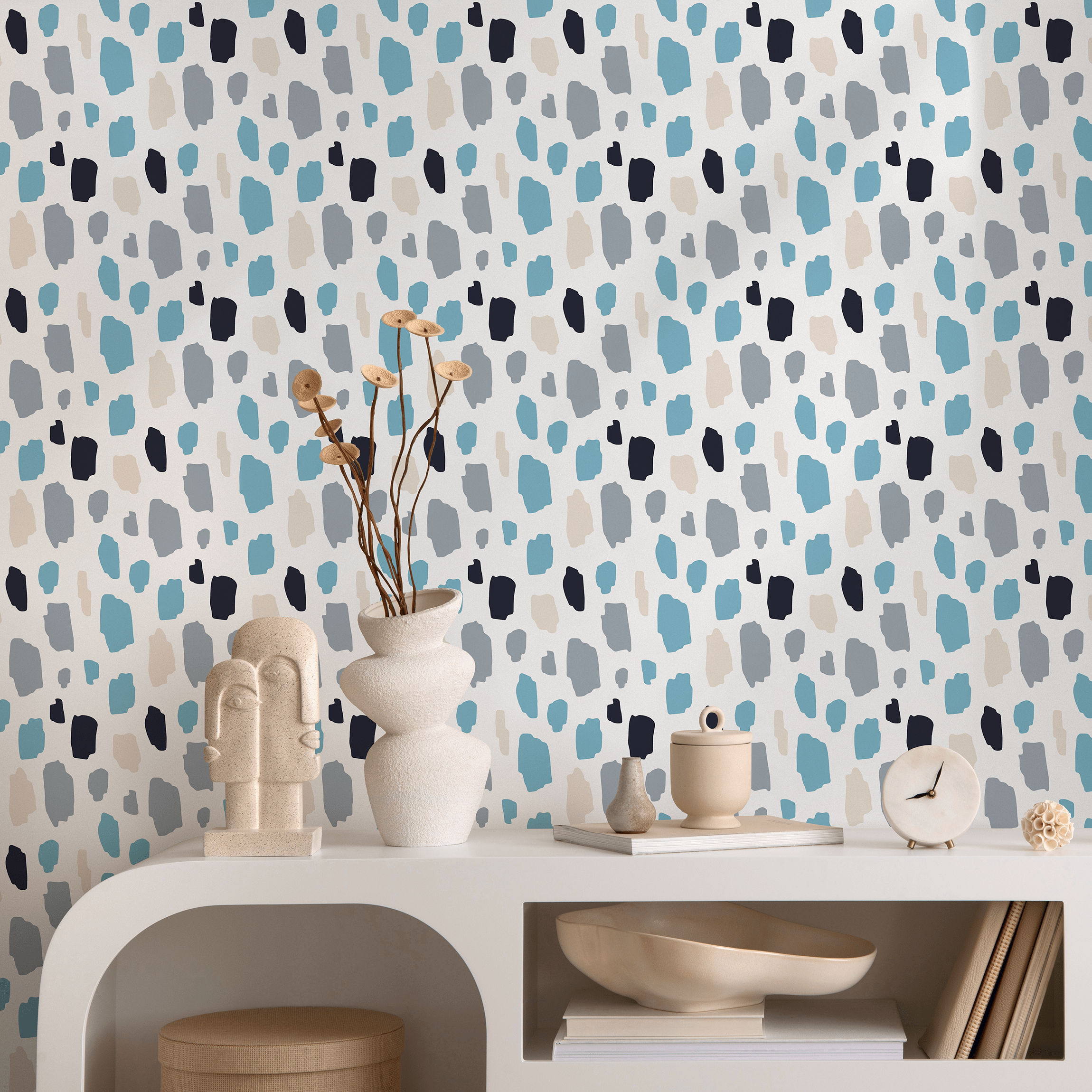 Scandinavian Wallpaper With Painterly Spots In Blue, Gray, And Black - B282
