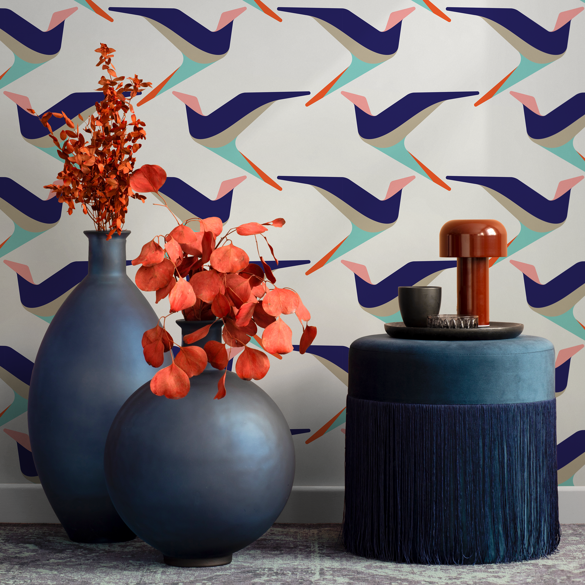 Scandinavian Wallpaper With A Stylized Bird Motif In Blue, Teal, And Orange - B283