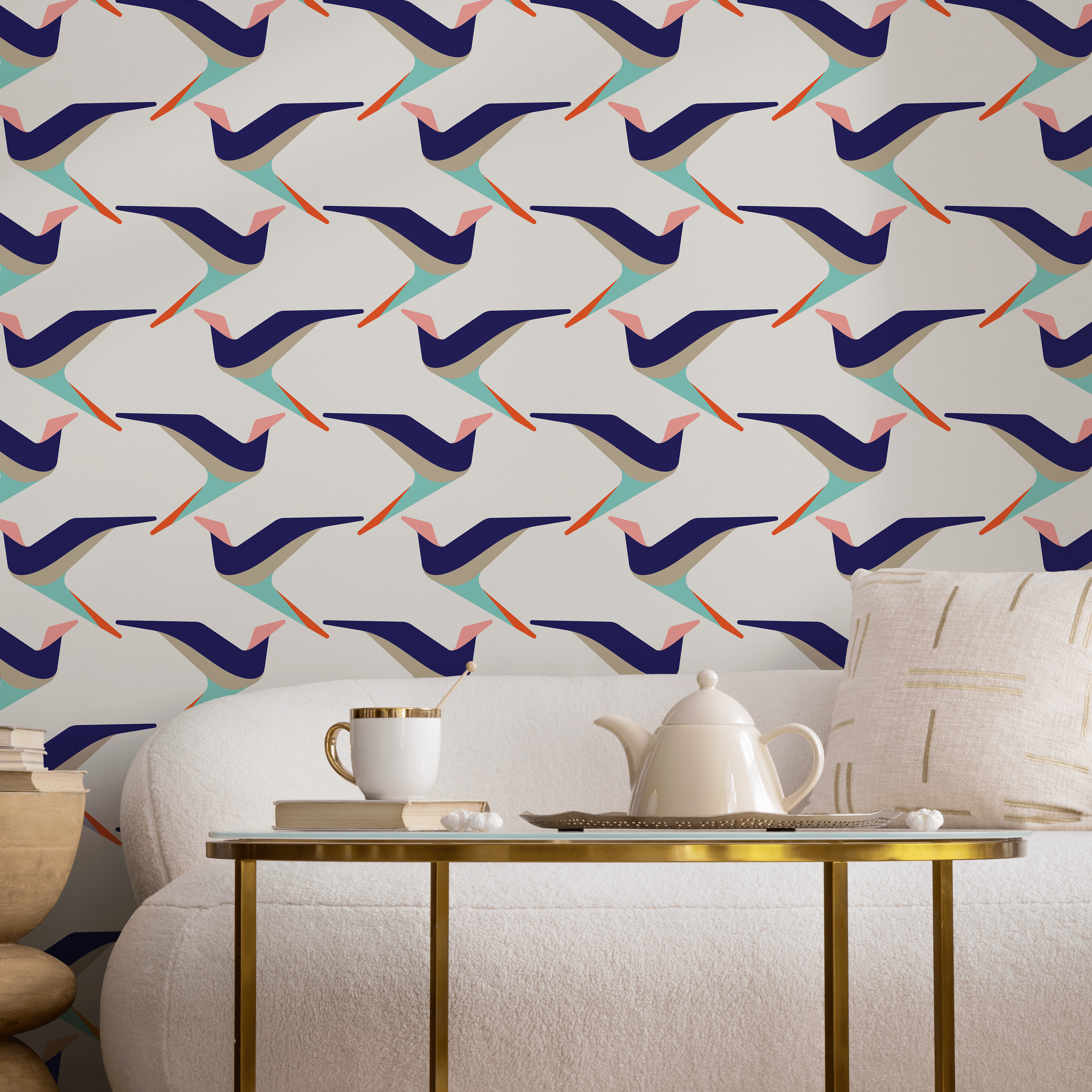 Scandinavian Wallpaper With A Stylized Bird Motif In Blue, Teal, And Orange - B283