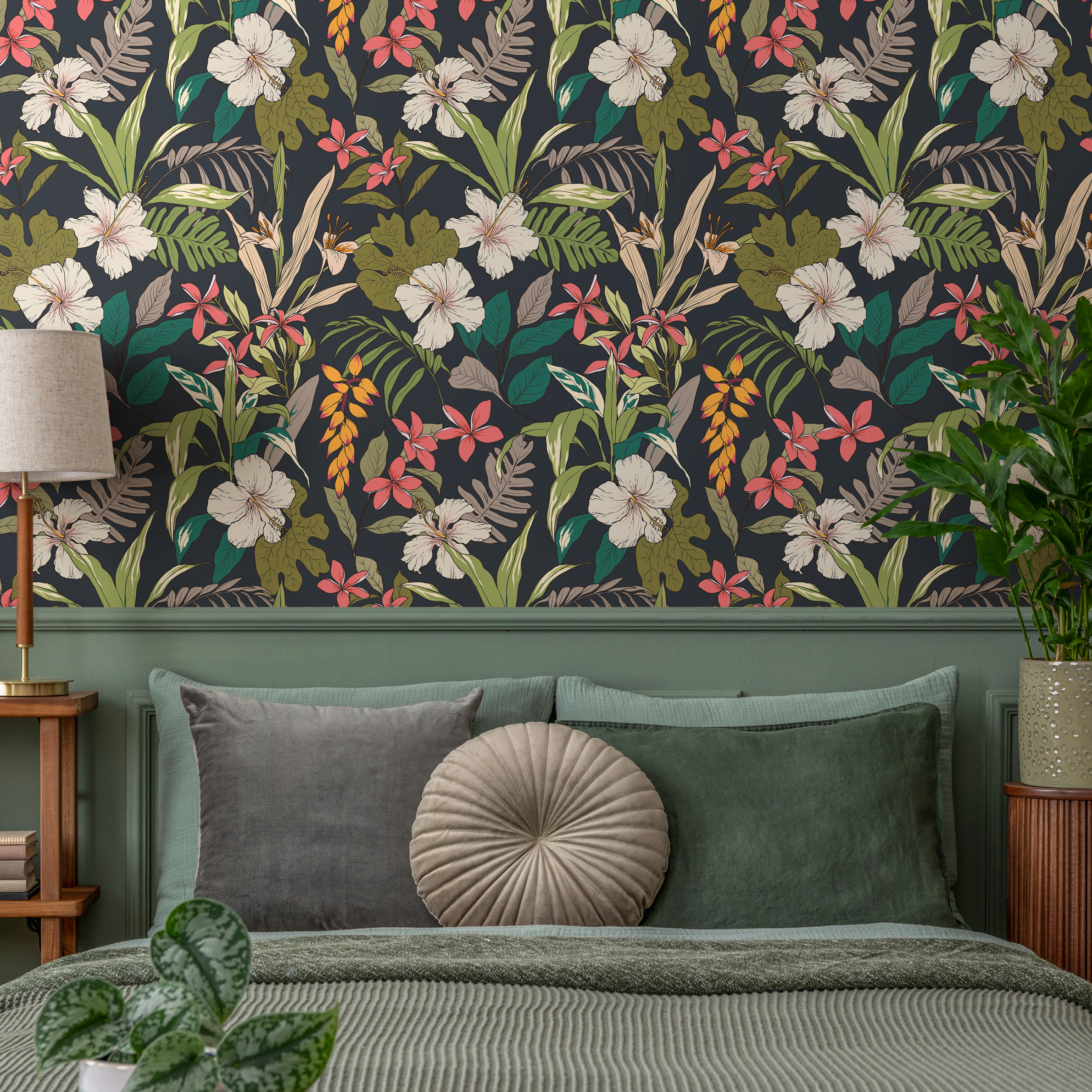 Tropical Wallpaper With Hibiscus Flowers In Dark Blue, Green, And Pink - B284