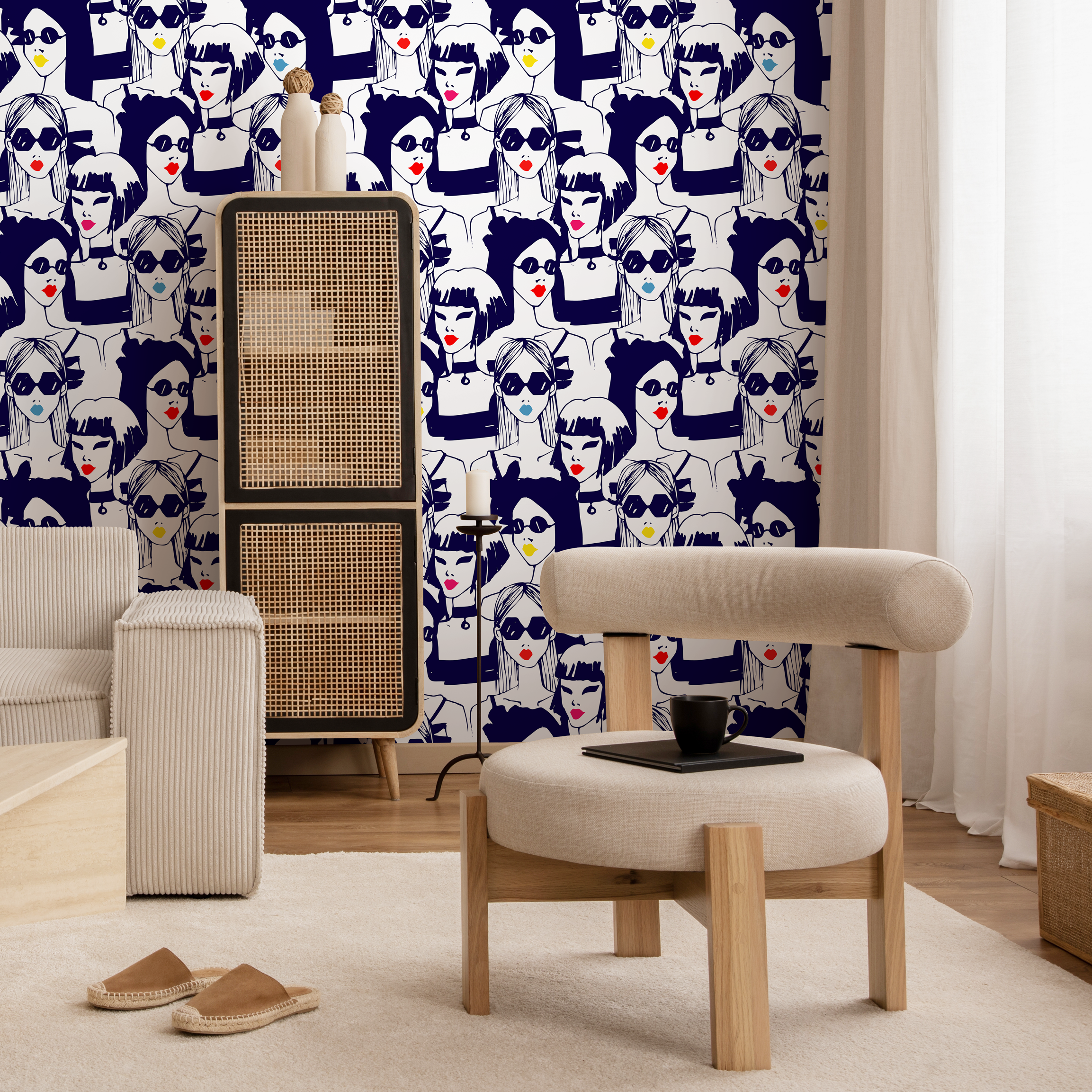 Pop Art Wallpaper Featuring Stylized Fashion Portraits In Black, Red, And Blue - B285