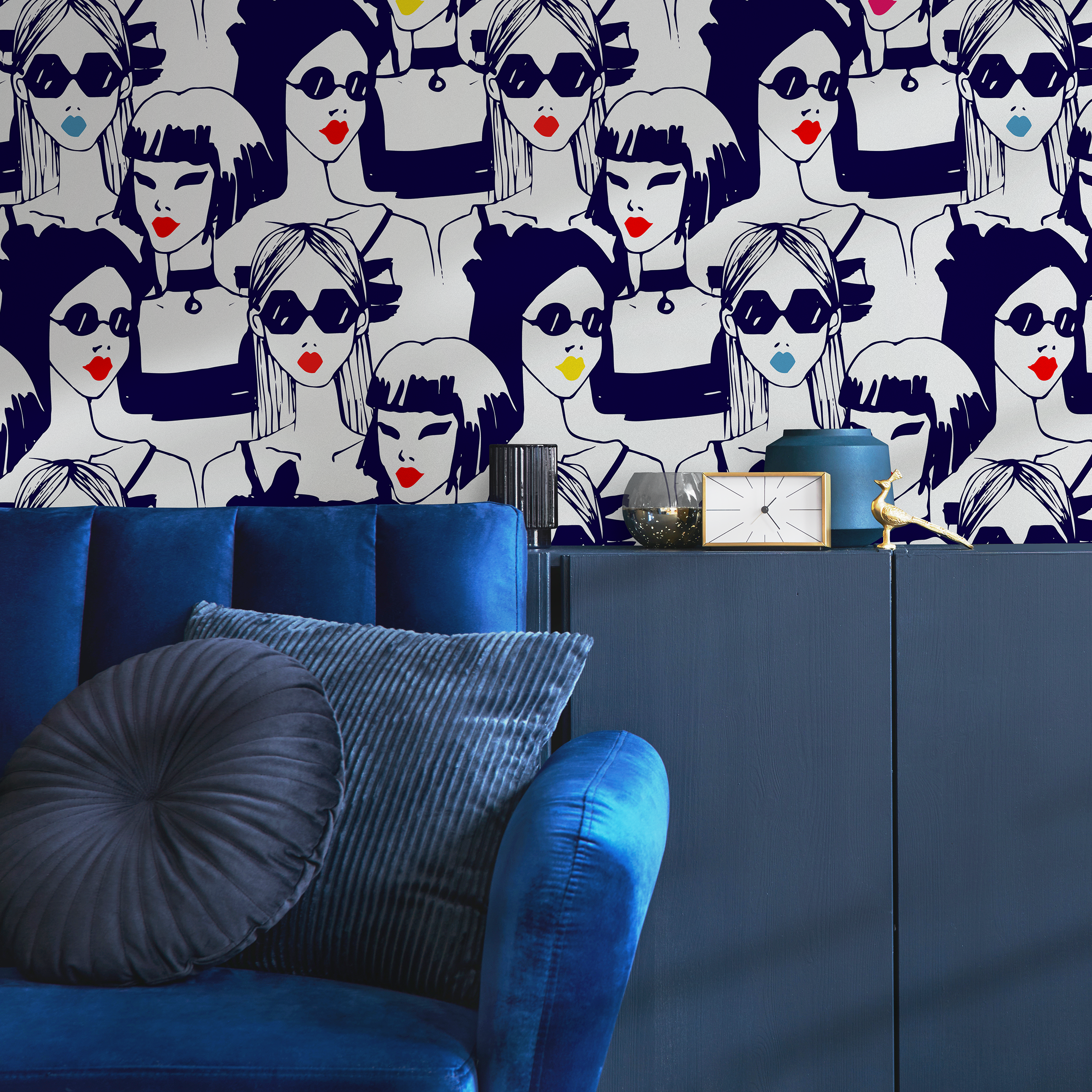 Pop Art Wallpaper Featuring Stylized Fashion Portraits In Black, Red, And Blue - B285