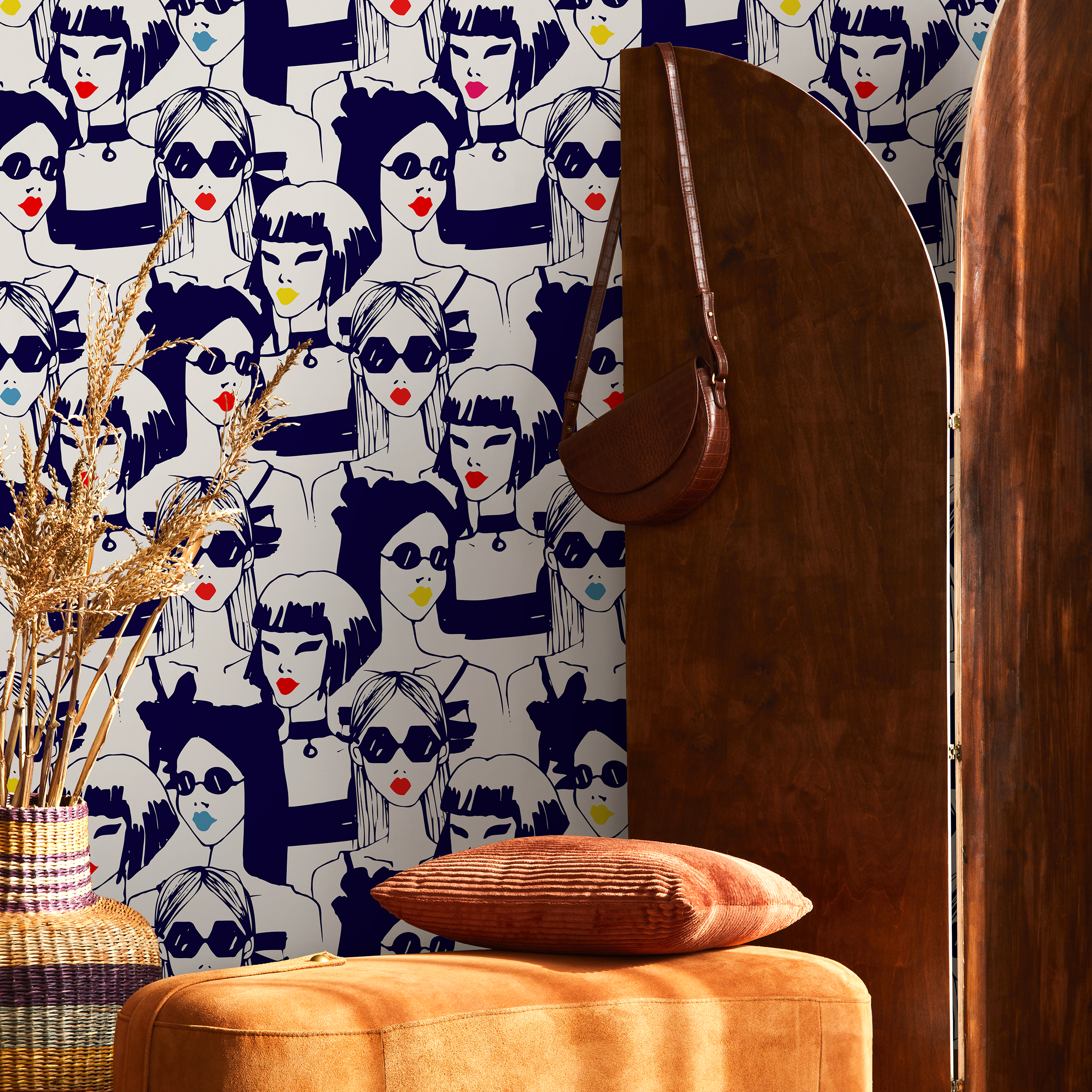 Pop Art Wallpaper Featuring Stylized Fashion Portraits In Black, Red, And Blue - B285