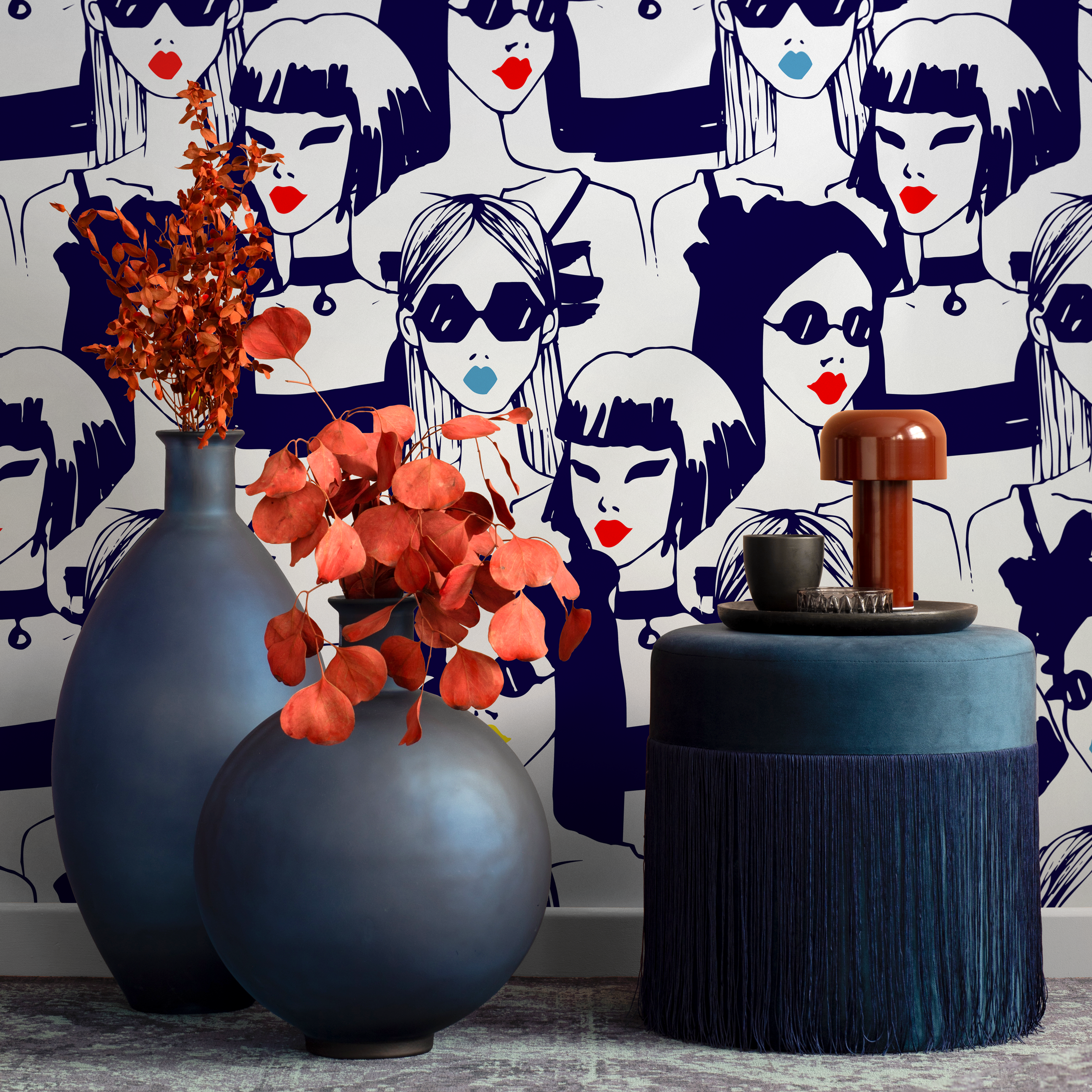 Pop Art Wallpaper Featuring Stylized Fashion Portraits In Black, Red, And Blue - B285