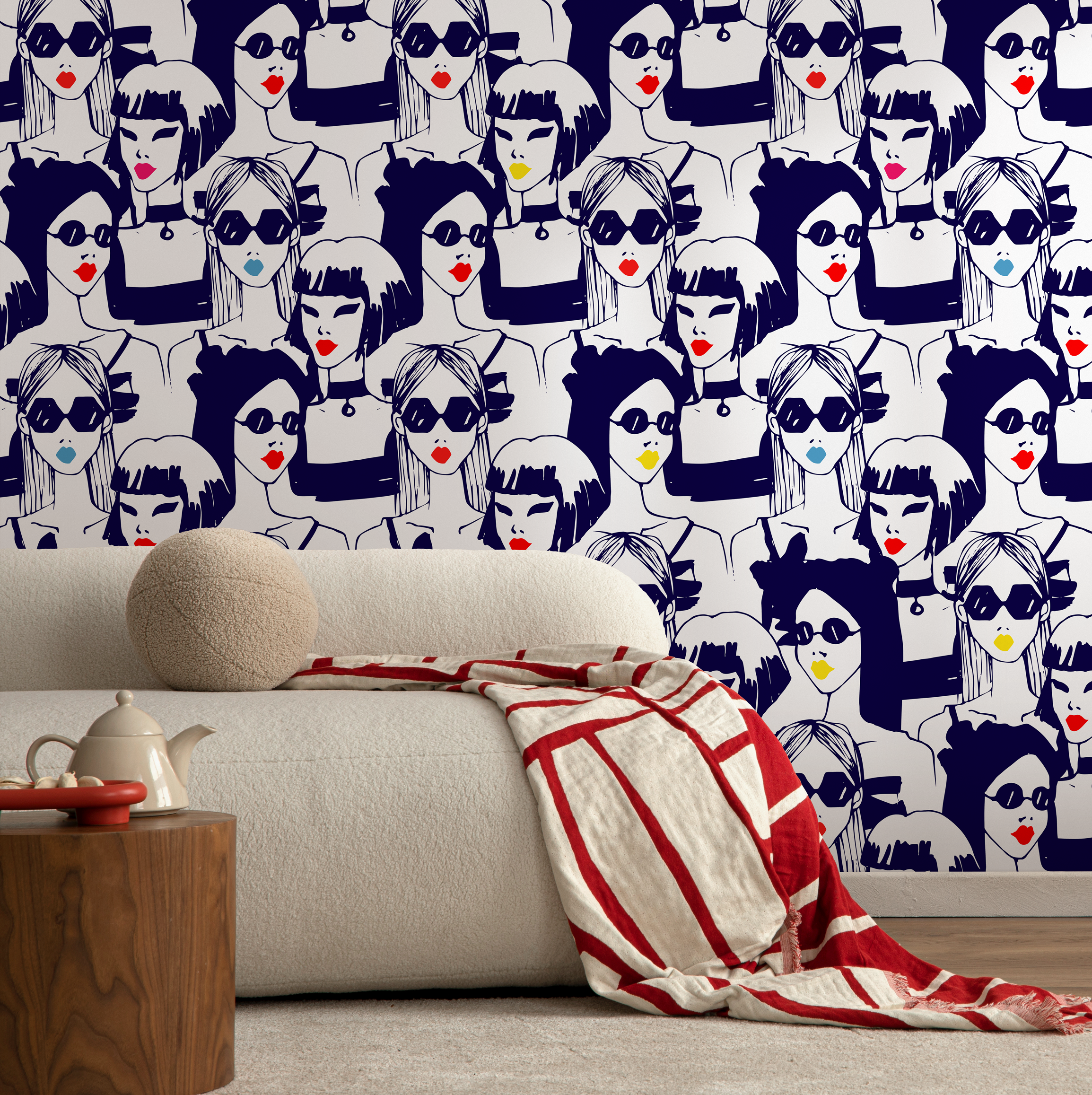 Pop Art Wallpaper Featuring Stylized Fashion Portraits In Black, Red, And Blue - B285