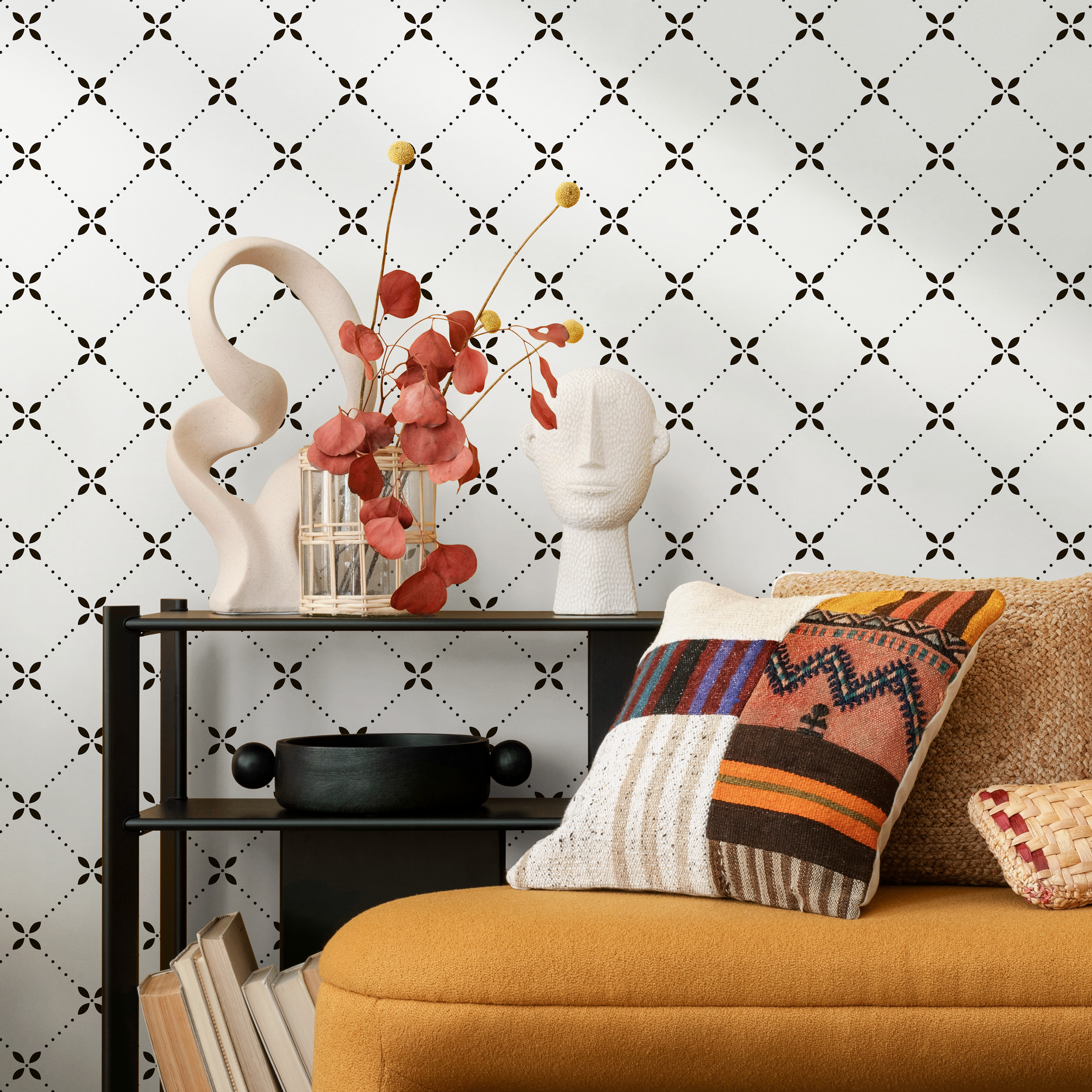 Geometric Wallpaper With A Dotted Trellis Motif In Black - B293
