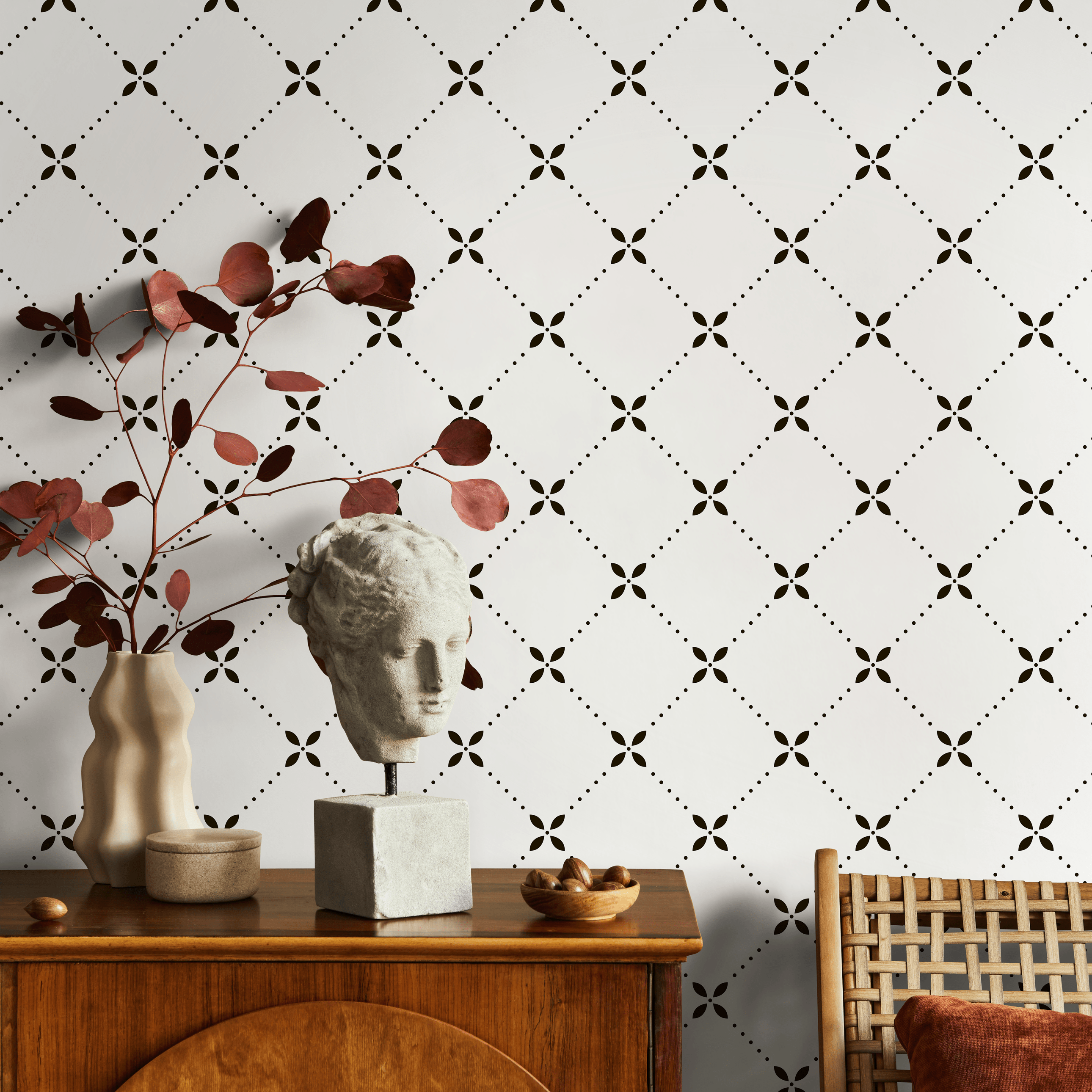 Geometric Wallpaper With A Dotted Trellis Motif In Black - B293