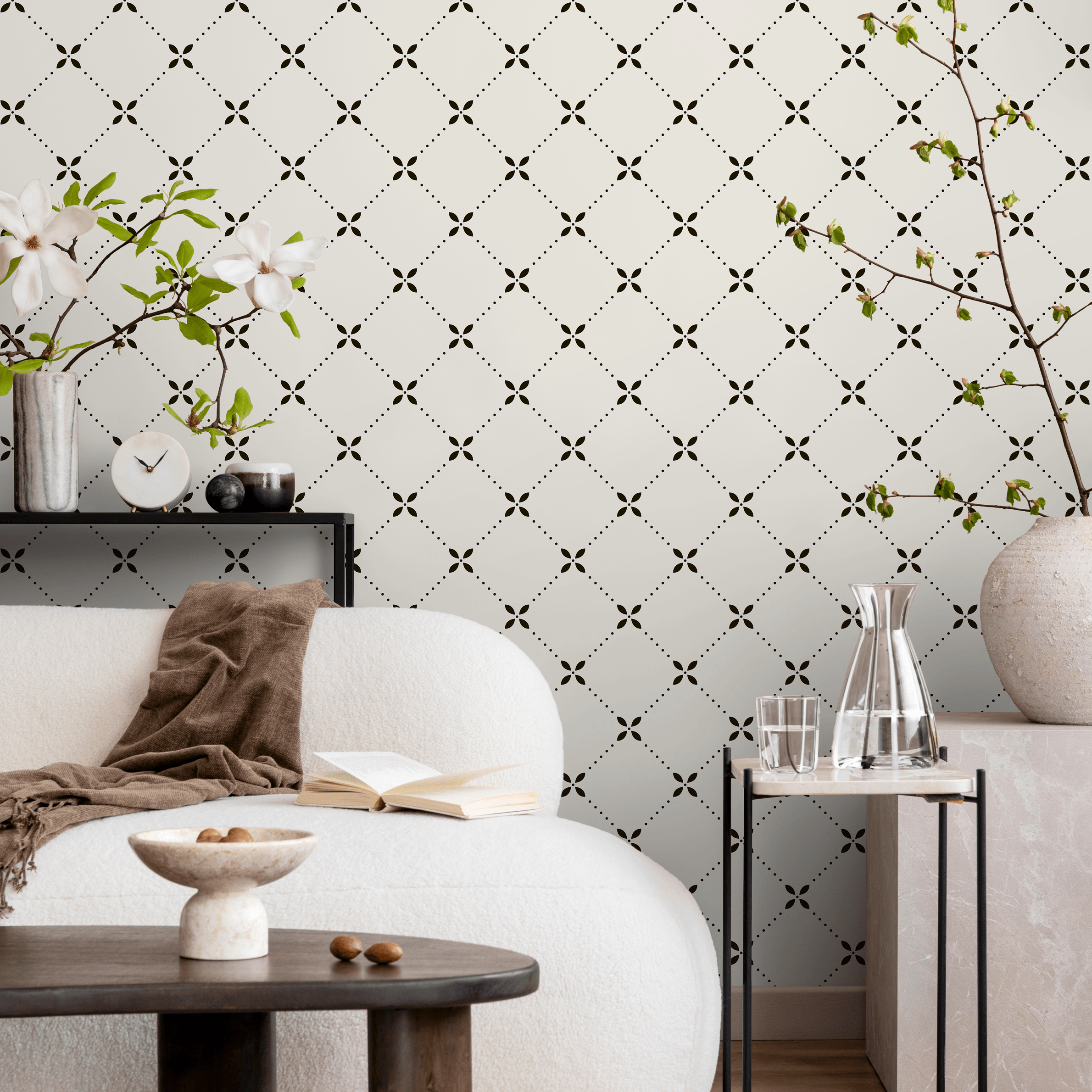 Scandinavian Wallpaper With A Minimalist Floral Lattice In Black - B294