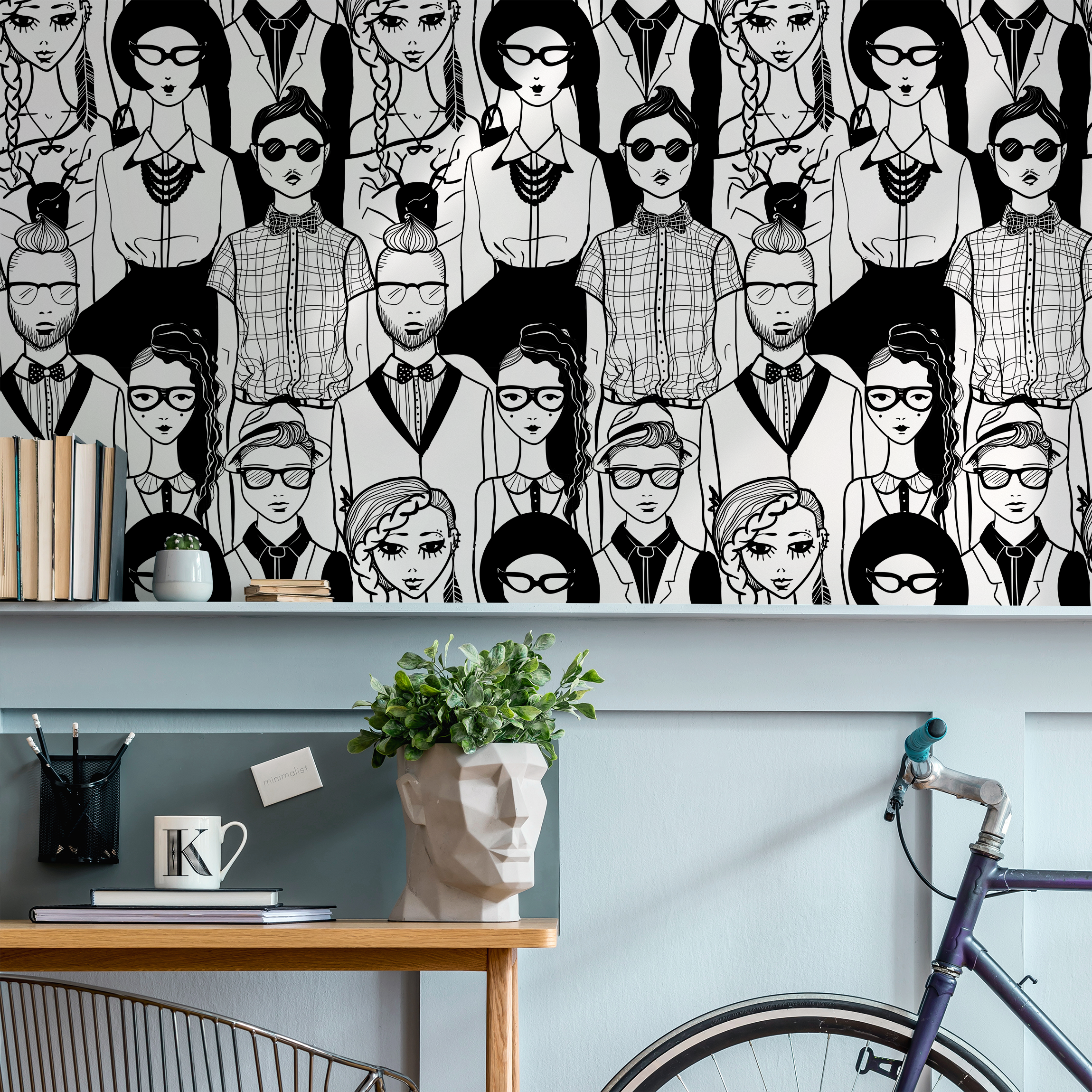 Scandinavian Wallpaper With A Crowd Of Illustrated Faces In Black And White - B295