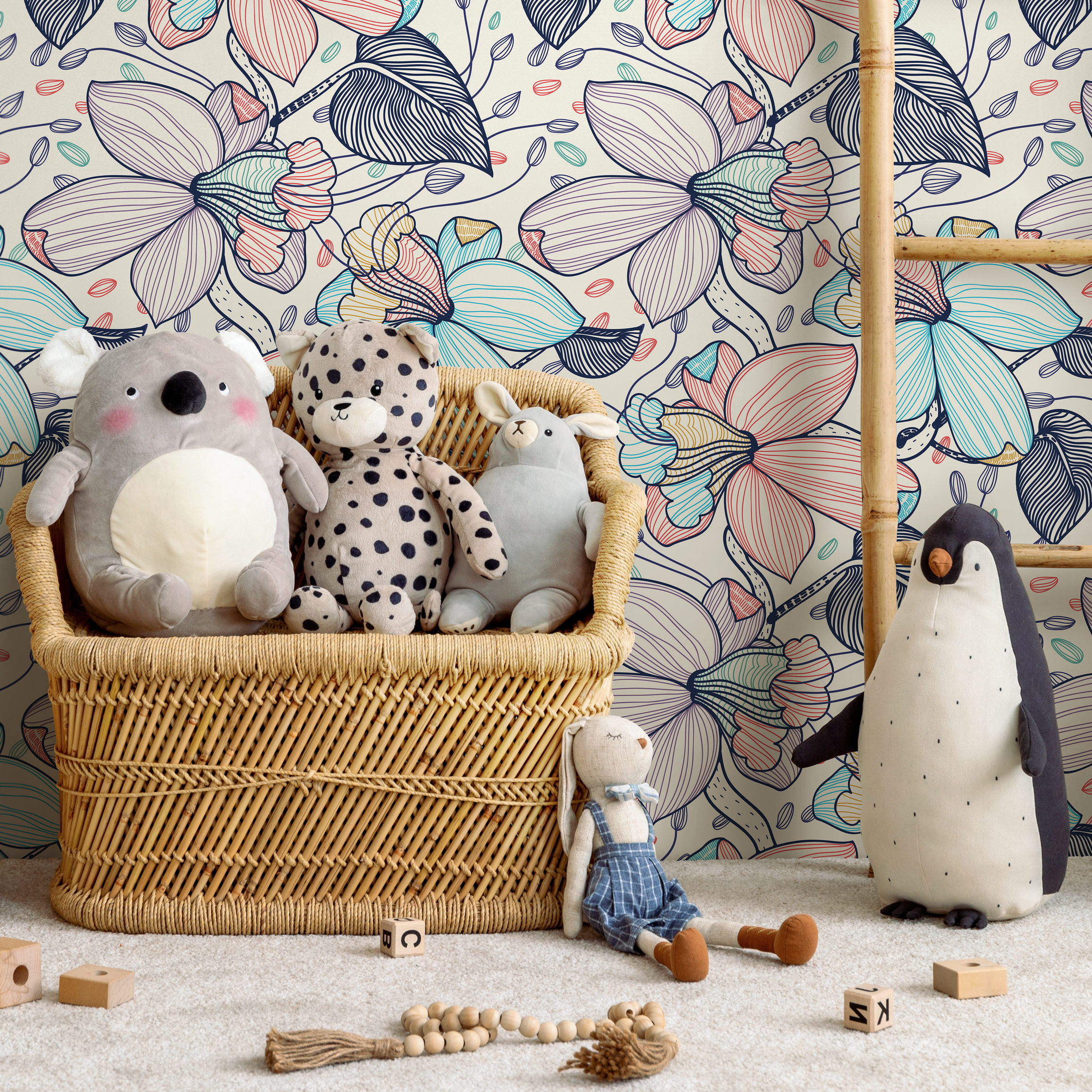 Floral Wallpaper With Stylized Line Art Blooms In Blue, Pink, And Navy - B297