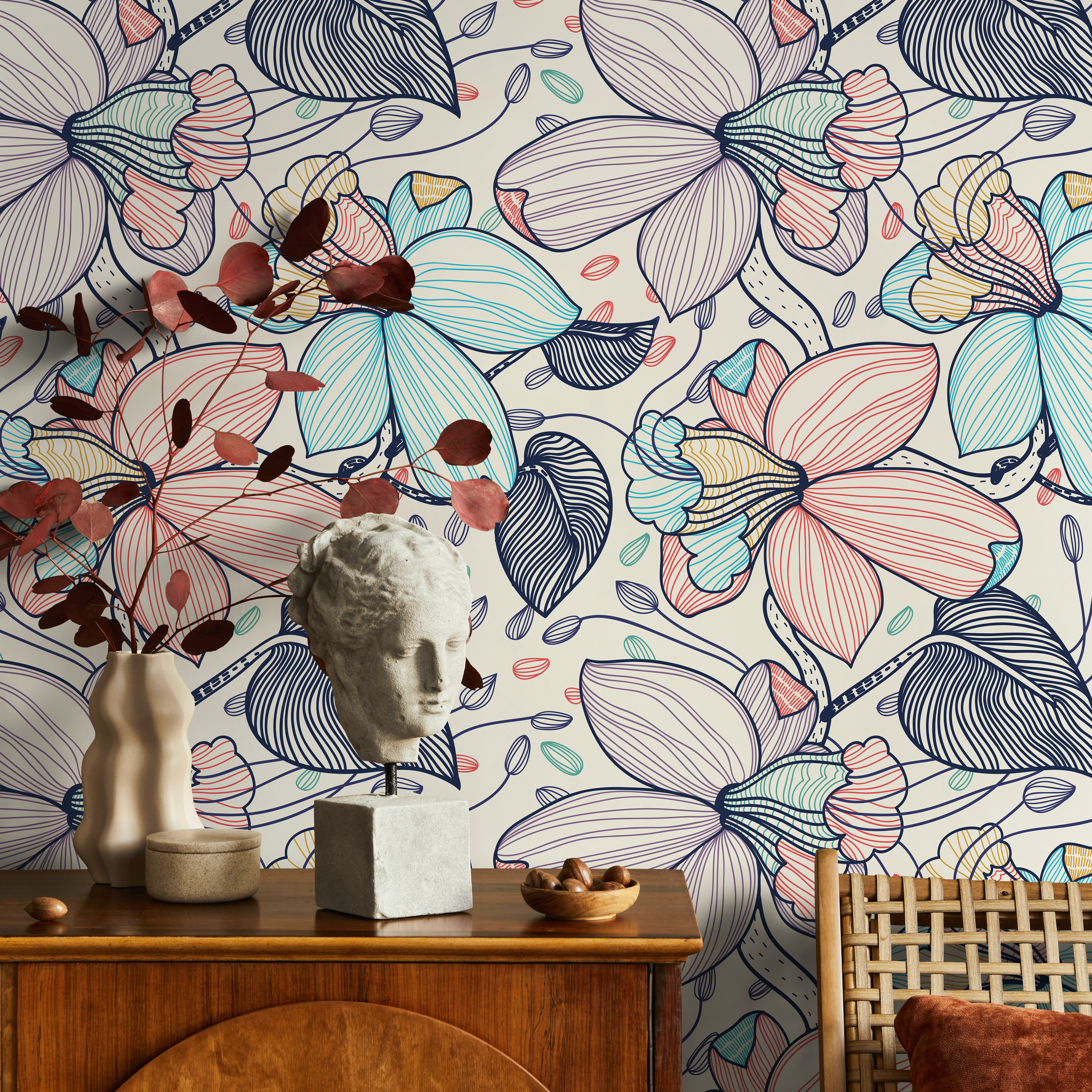 Floral Wallpaper With Stylized Line Art Blooms In Blue, Pink, And Navy - B297