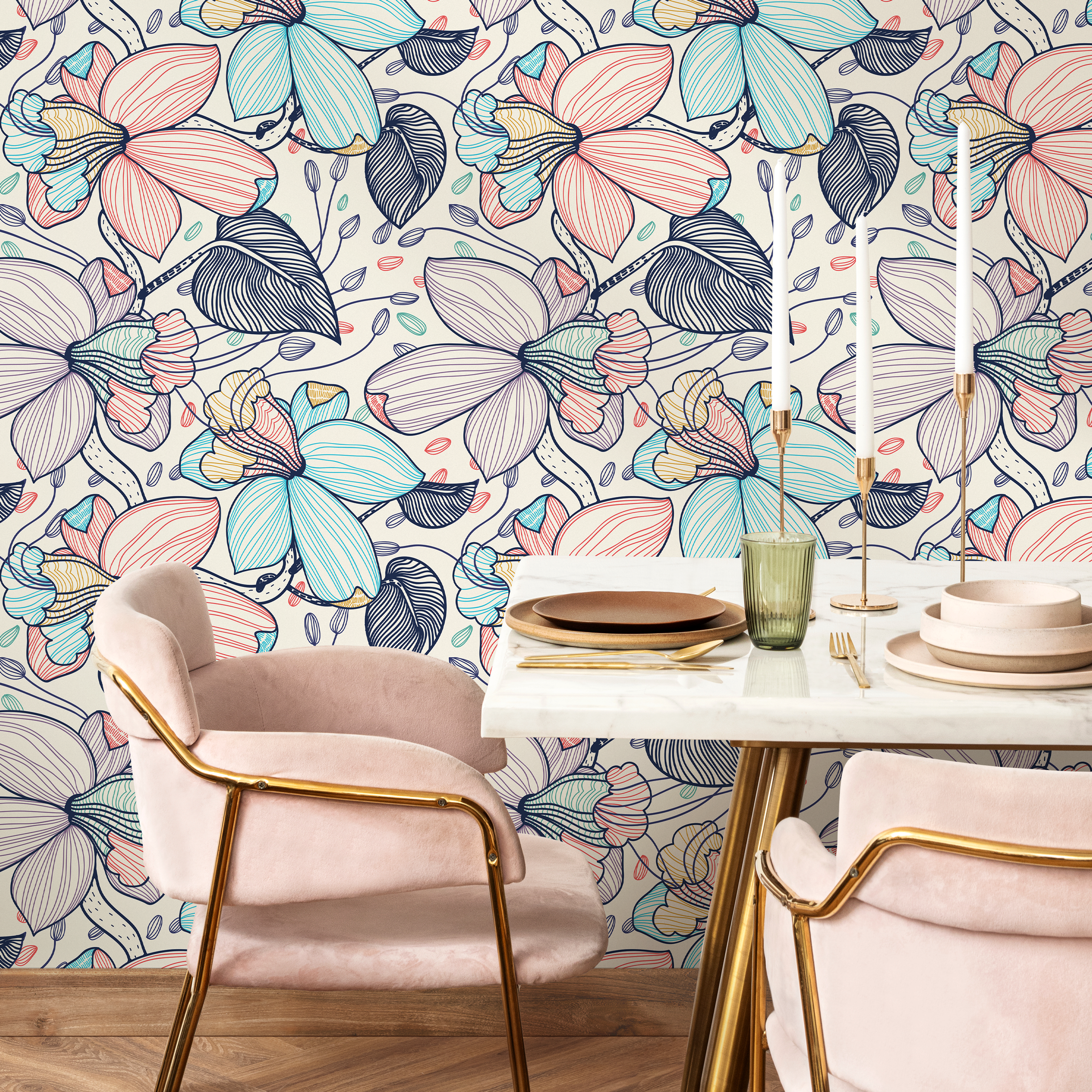 Floral Wallpaper With Stylized Line Art Blooms In Blue, Pink, And Navy - B297