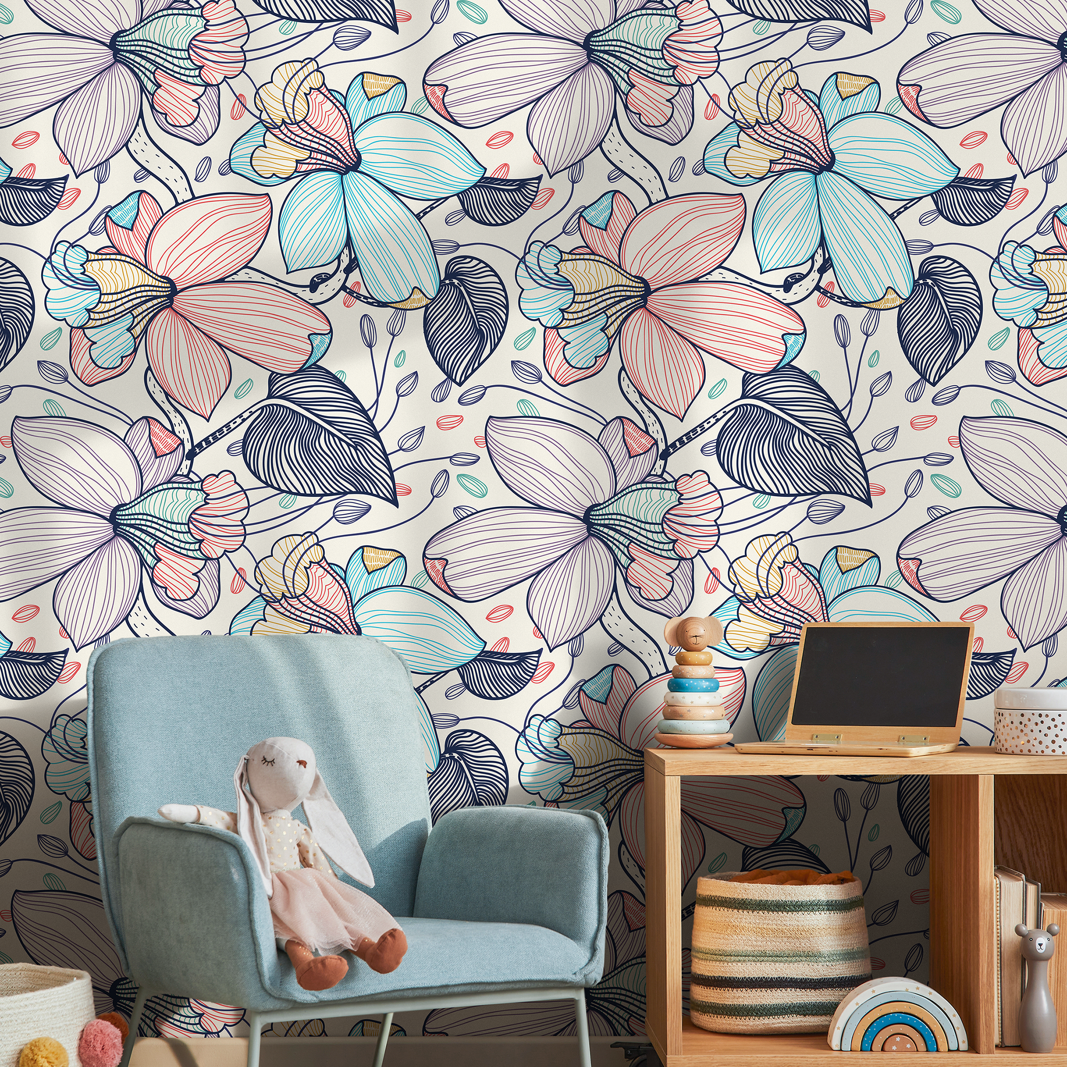 Floral Wallpaper With Stylized Line Art Blooms In Blue, Pink, And Navy - B297