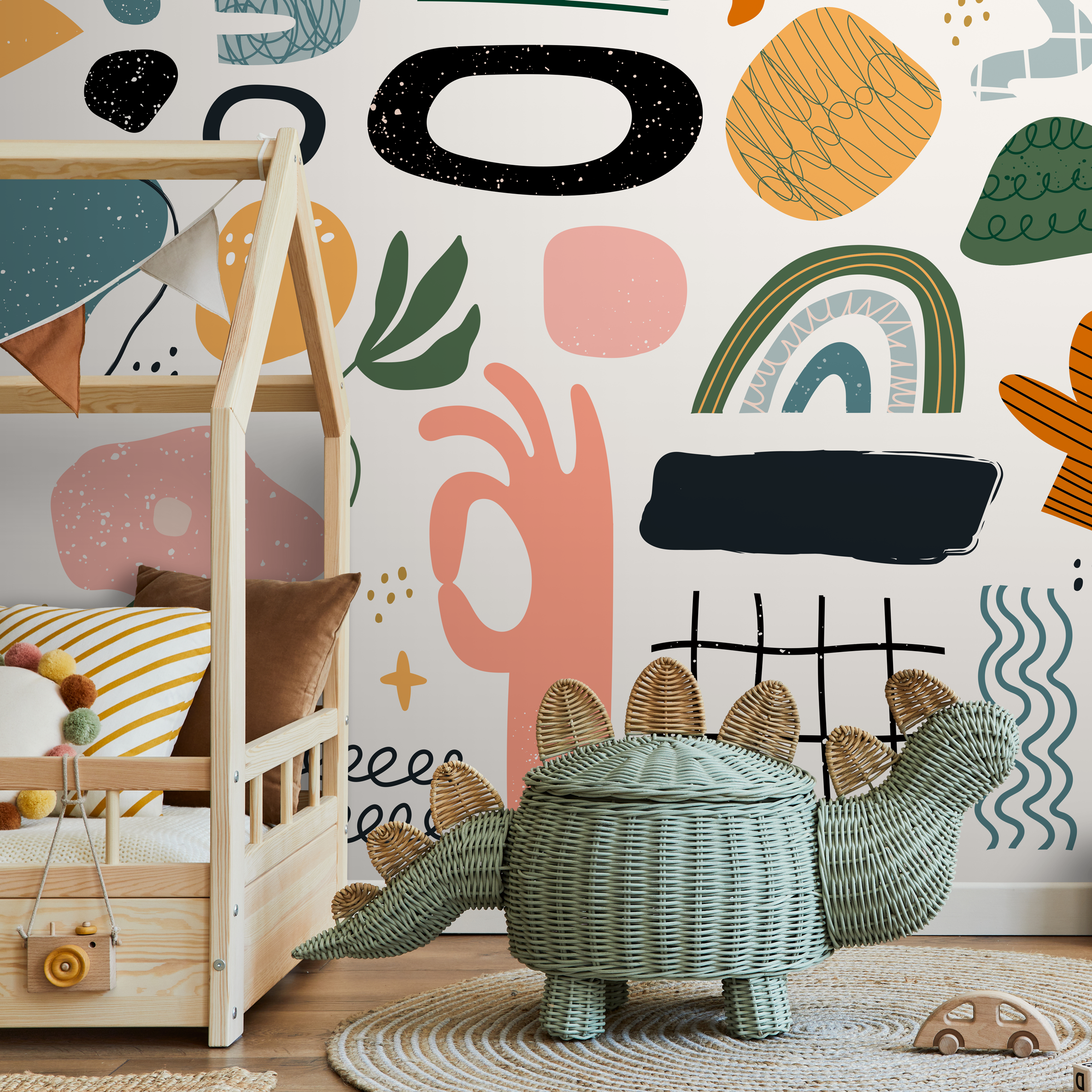 Abstract Wallpaper With Scandinavian Doodles And Shapes In Black, Orange, And Green - B302